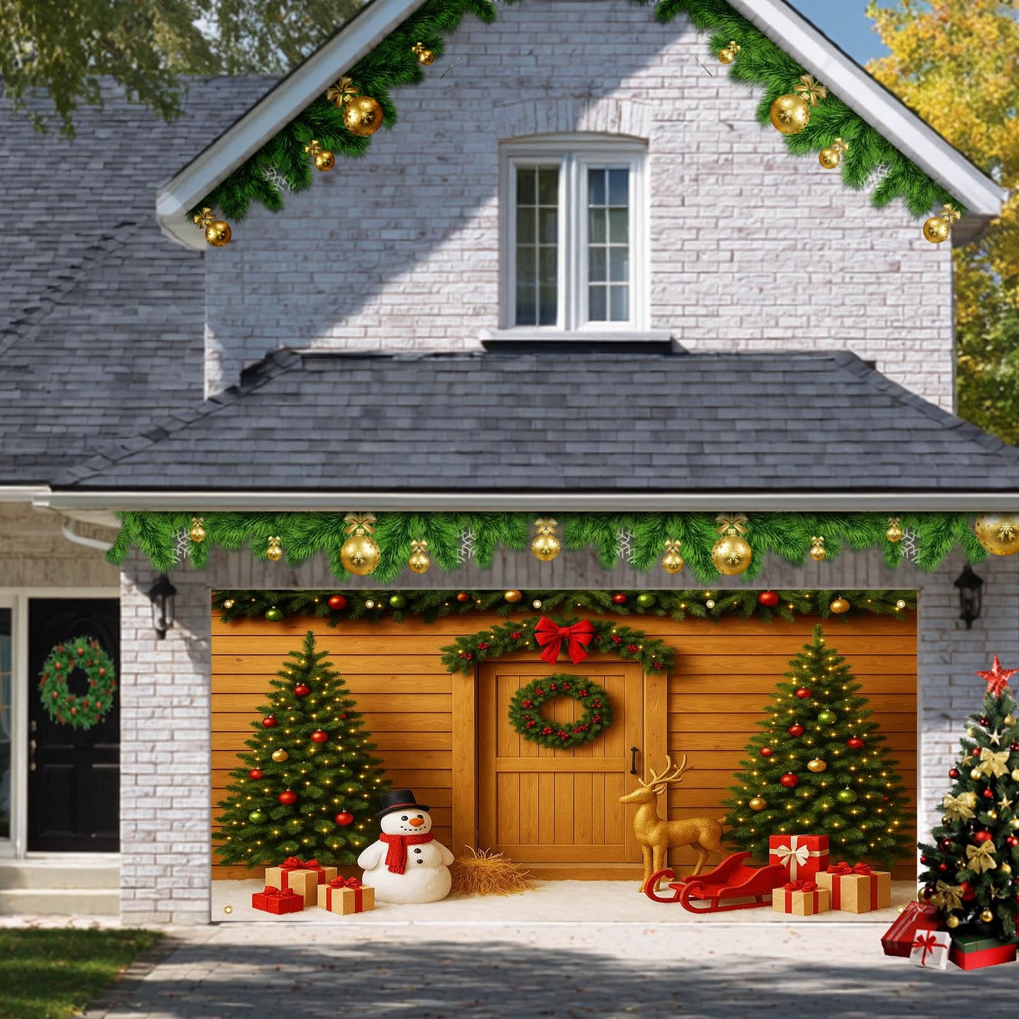 HOMETITUTE Christmas Garage Door Banner 13x6ft Christmas Trees Snowman Theme Backdrop Seasonal Christmas Decor Winter Door Cover Banners for Outside Garage Wall Covering for Party Garage