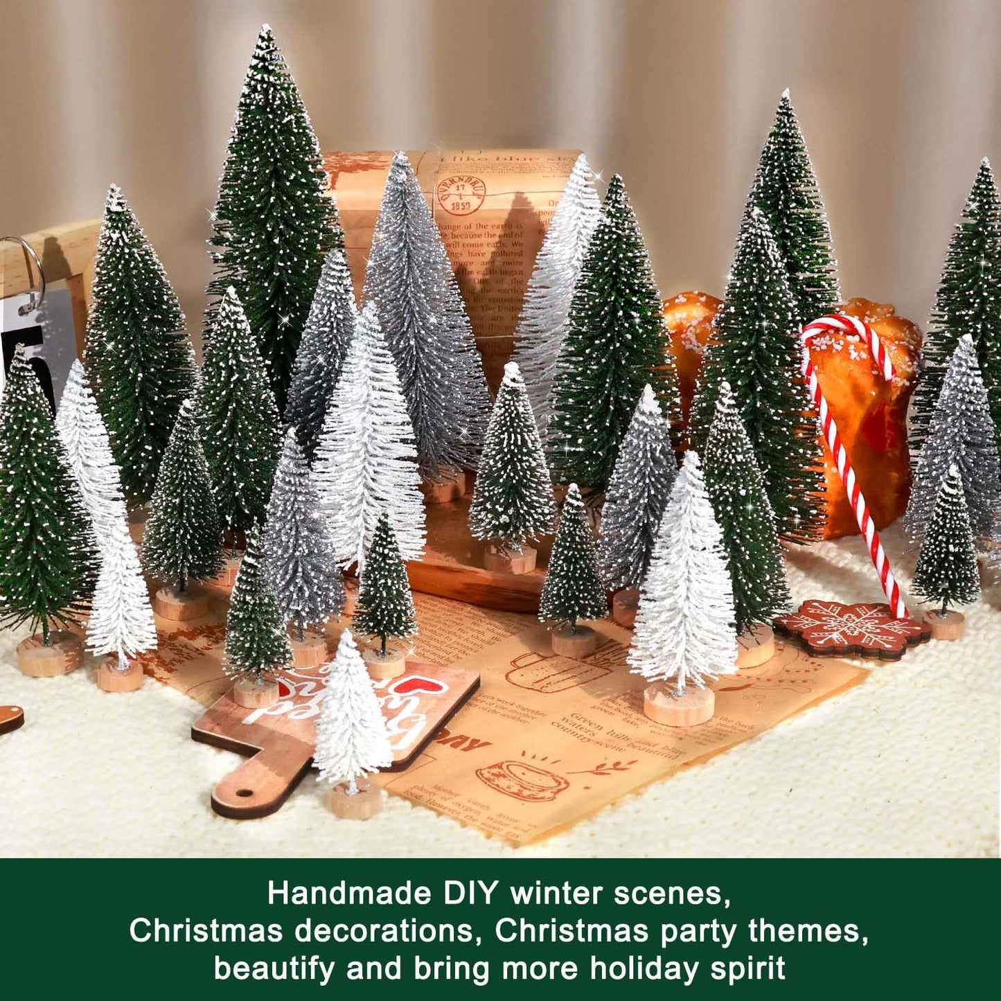 30Pcs Mini Christmas Trees Artificial Christmas Tree Bottle Brush Trees with Wooden Base for Christmas Decor Party Home Table Craft Decorations(Green+Silver+White)