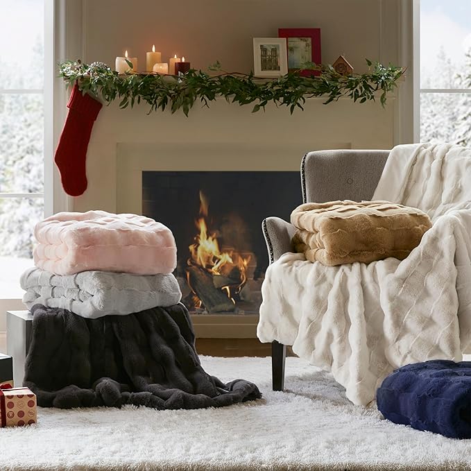 Madison Park Luxuriously Cozy Soft Long Faux Fur Throw Basketweave Blanket Reversible Soft & Snuggly Velvet Throw, Lightweight, Breathable Trendy Room Décor Summer Blanket, 50x60, Ivory