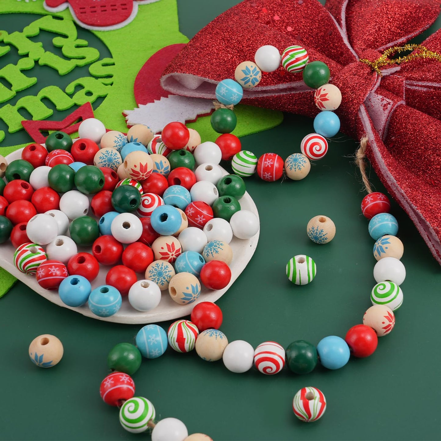 200 Pcs Christmas Wooden Beads for Crafts Natual Painted Wood Spacer Loose Beads with Twine for Xmas Party Holiday DIY Garland Hanging Decor
