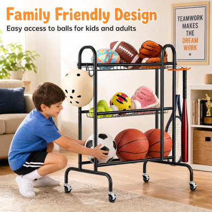 EXTCCT Basketball Racks for Balls, 3-Layer Small Ball Rack Ball Storage For Garage, Outdoor Rolling Ball Cart with Wheels, Two Basket for Basketballs Footballs Volleyball