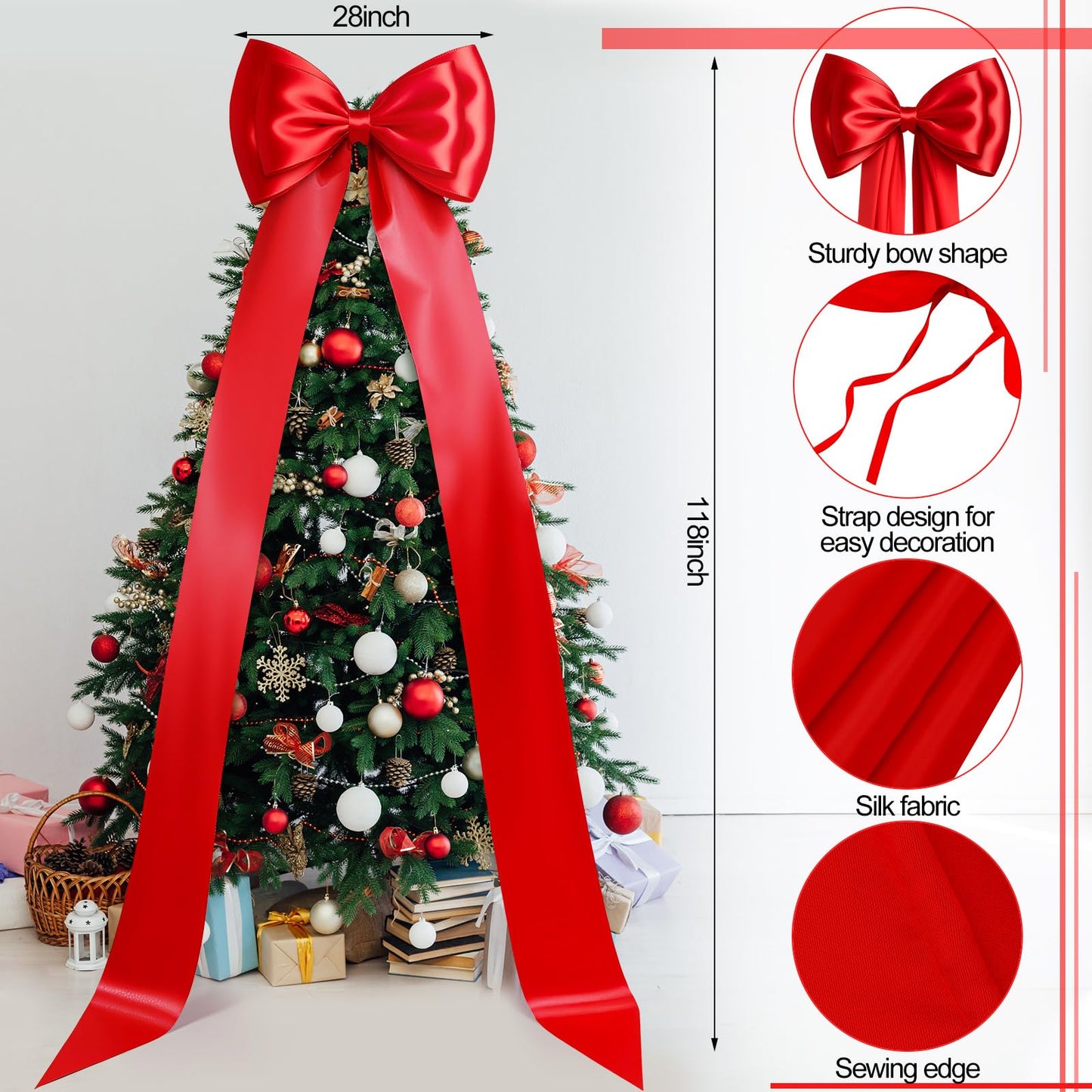 Gejoy Extra Large Christmas Tree Topper Bow 118 x 28 Inch Giant Satin Red Bow with Huge Long Streamer Oversized Double Layer Burgundy Gift Wrapping for Holiday Xmas Tree Decoration Home Party Decor