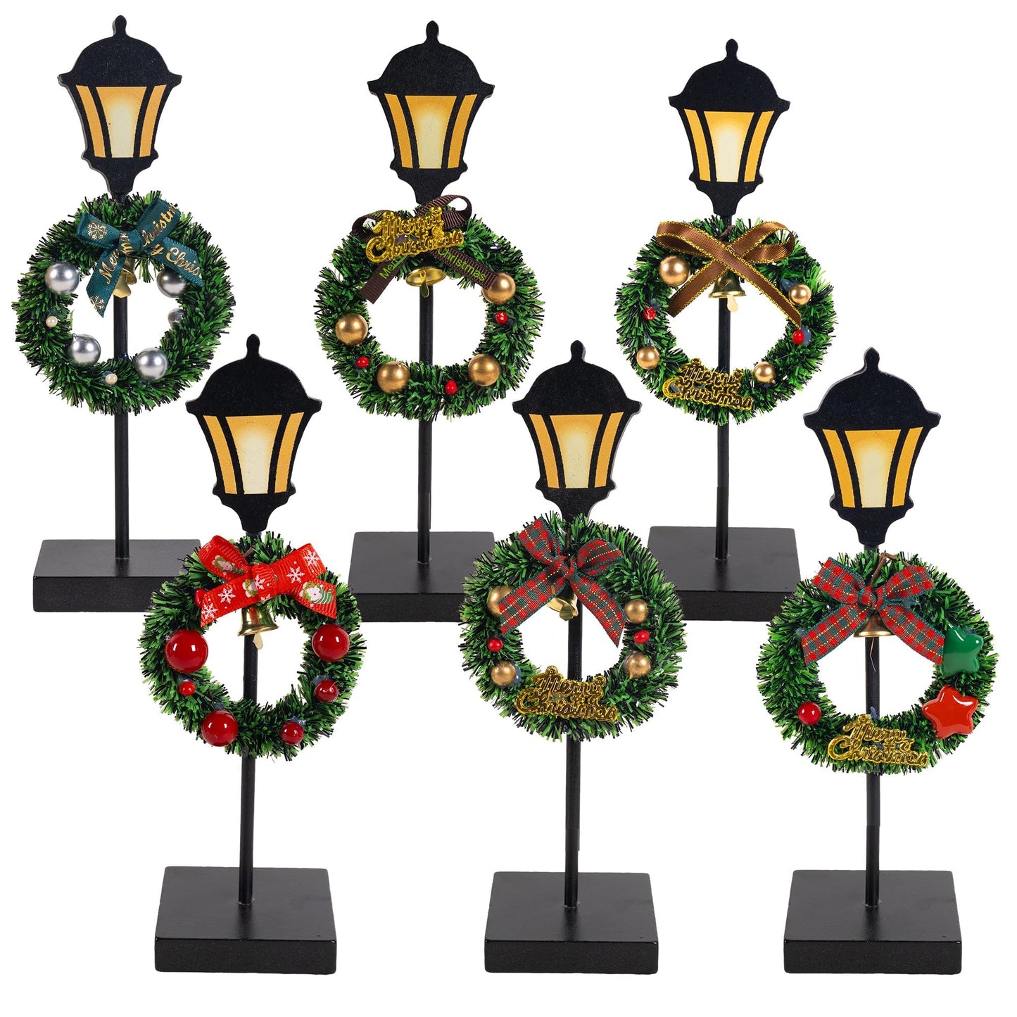 NEROSUN Christmas Table Decorations, 6Pcs Wreath and Lantern Standing Wooden Tabletop Decorations Signs, Merry Christmas Table Toppers for Xmas Home Winter Holiday Party Indoor Decor