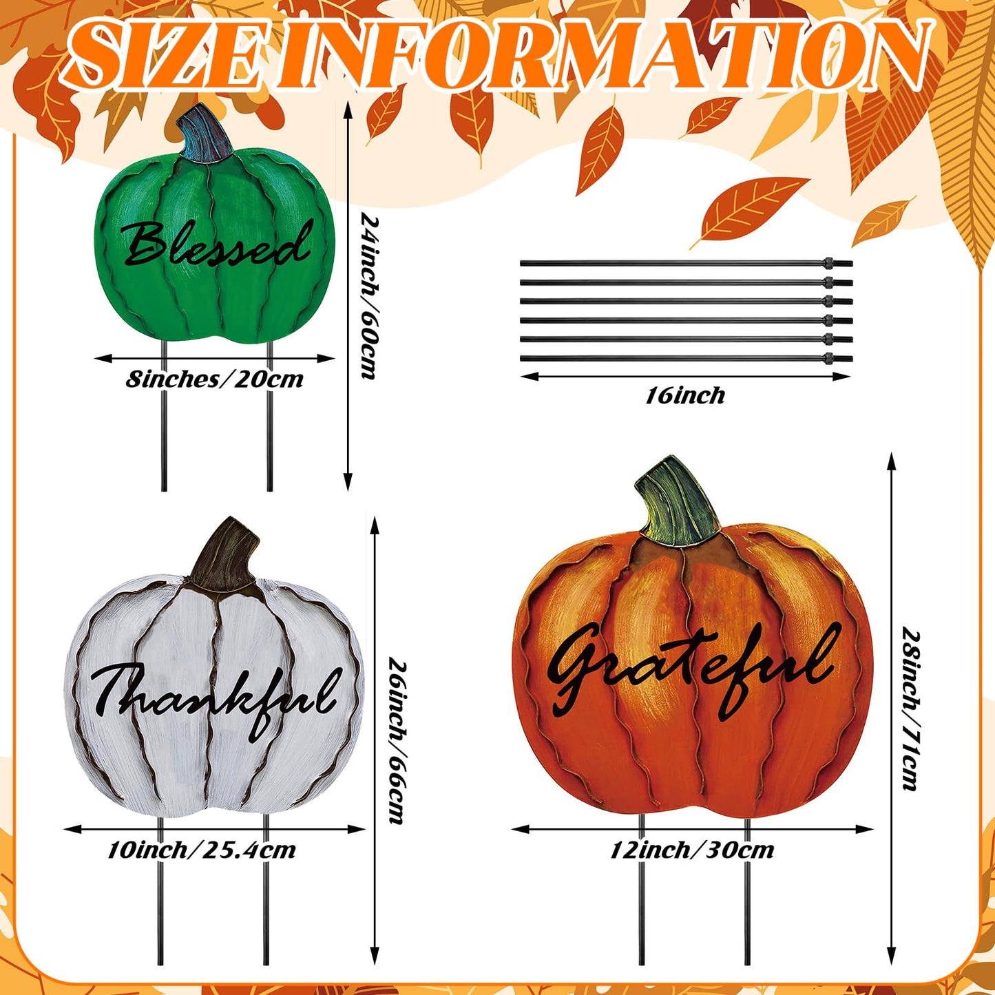 MorningRo 3 Pcs Thanksgiving Fall Yard Signs Outdoor Metal Pumpkin Decorative Garden Stakes, 28''+26''+24'' H Waterproof Pumpkin Yard Decoration for Outside Porch Patio Lawn Autumn Harvest Halloween