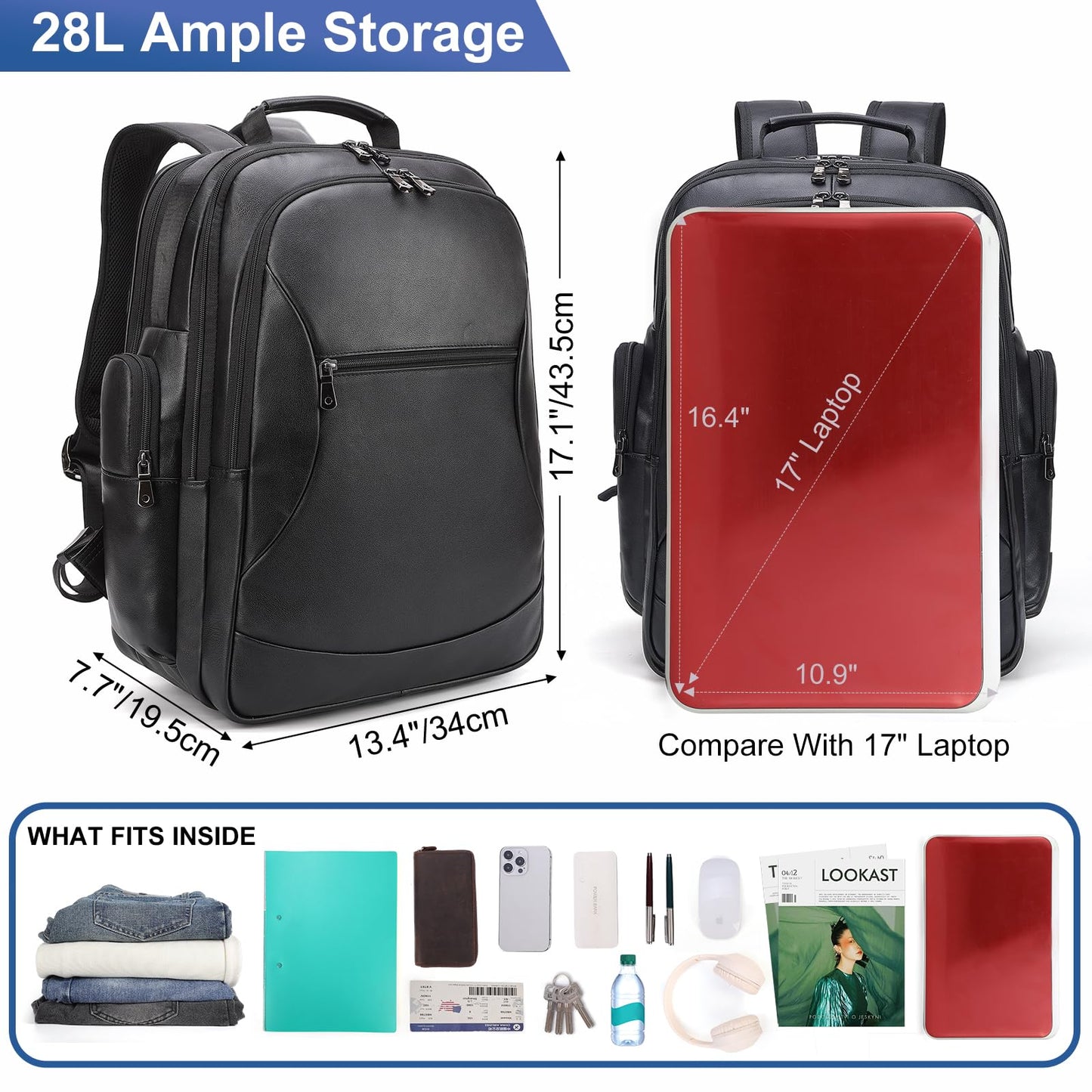 TIDING Genuine Leather Backpack for Men Large Capacity 17.3 Inch Laptop Bag Black Waterproof Business Work Travel Daypack