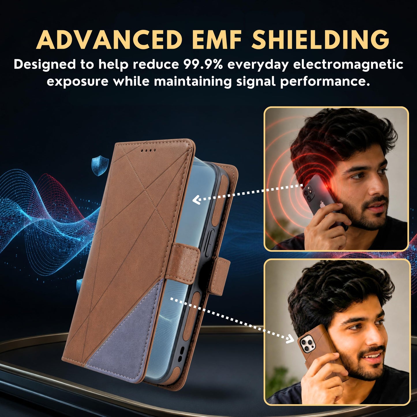 EMF Protection Anti Radiation Cell Phone Wallet Case for iPhone, EMF Blocker Genuine Leather Flip Folio Phone Cover, RFID Blocking Card Holder, MagSafe Case Wallet (Brown/Gray, iPhone 13 Pro)