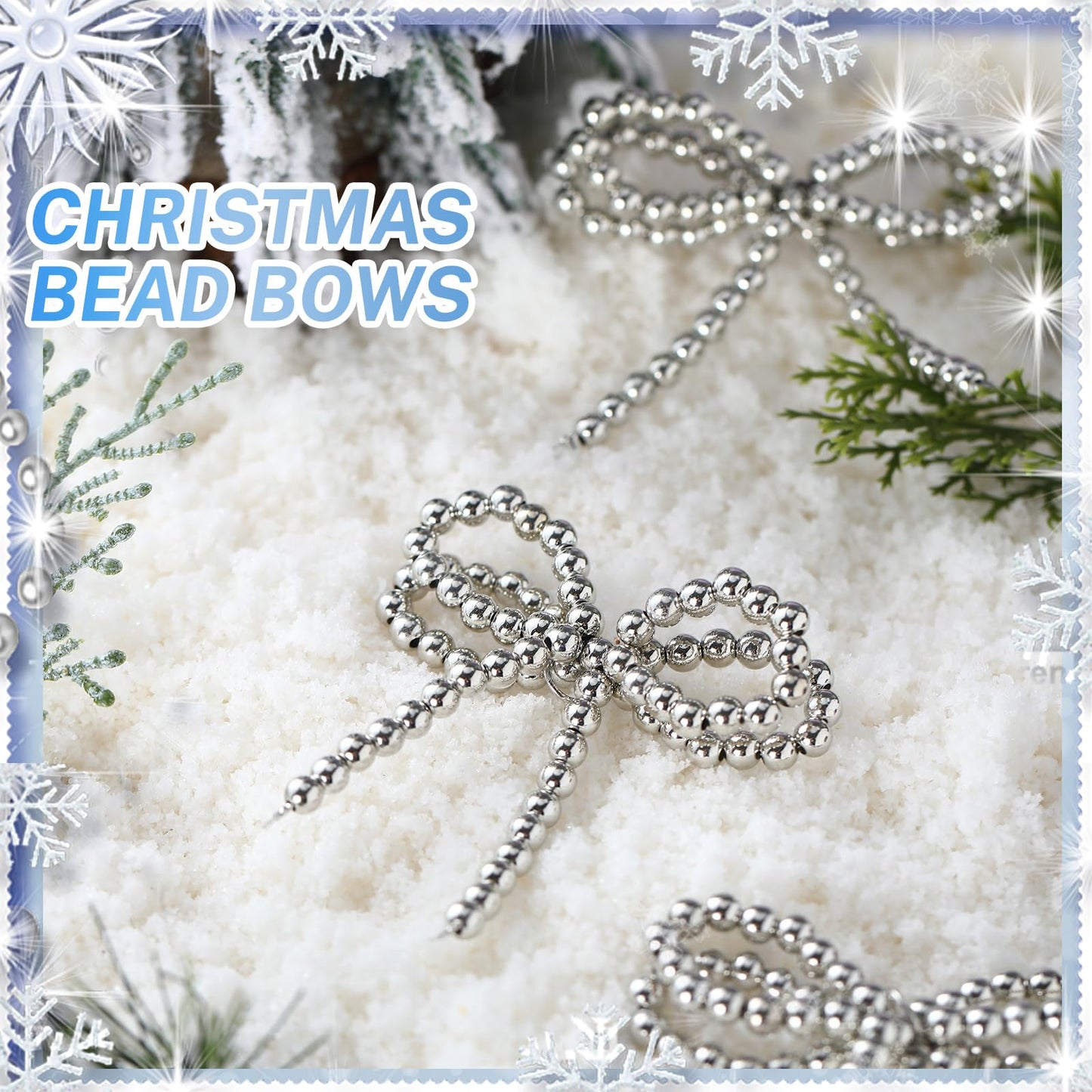 Arrowbash 12 Pcs Pearl Bow Christmas Tree Ornaments Silver Christmas Metallic Pearl Bead Bow Hanging Ornaments 3.15 x 3.54 Inches Pendant for Garland Wreath Gift Wrapping DIY Craft Holiday Decoration