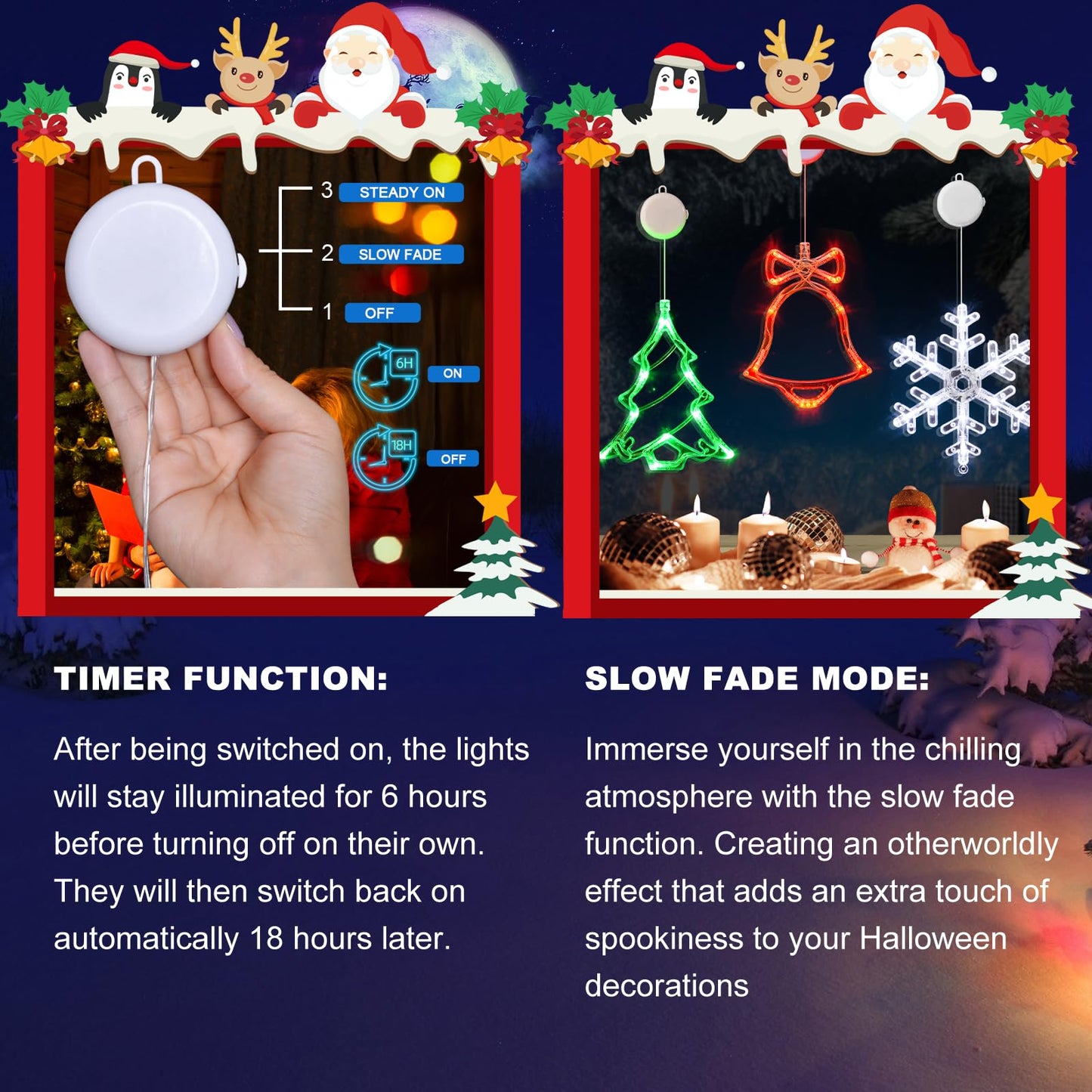 LOLStar Christmas Window Decorations,3 Pack Jingling Bell,Christmas Tree,Snowflake Christmas Window Lights with Suction Cup, Timer Function & Slow Fade Mode Battery Operated Indoor Lights