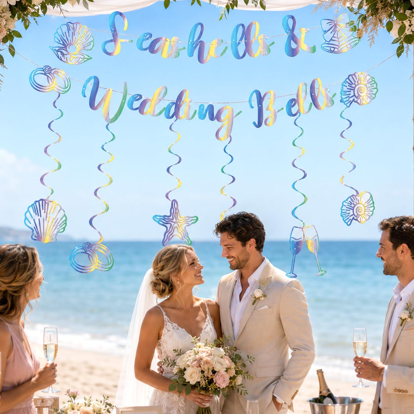 Seashells and Wedding Bells Decor - Rainbow Iridescent Holographic Bachelorette Bridal Shower Decorations Last Toast on the Coast Party Garland Hanging Swirls