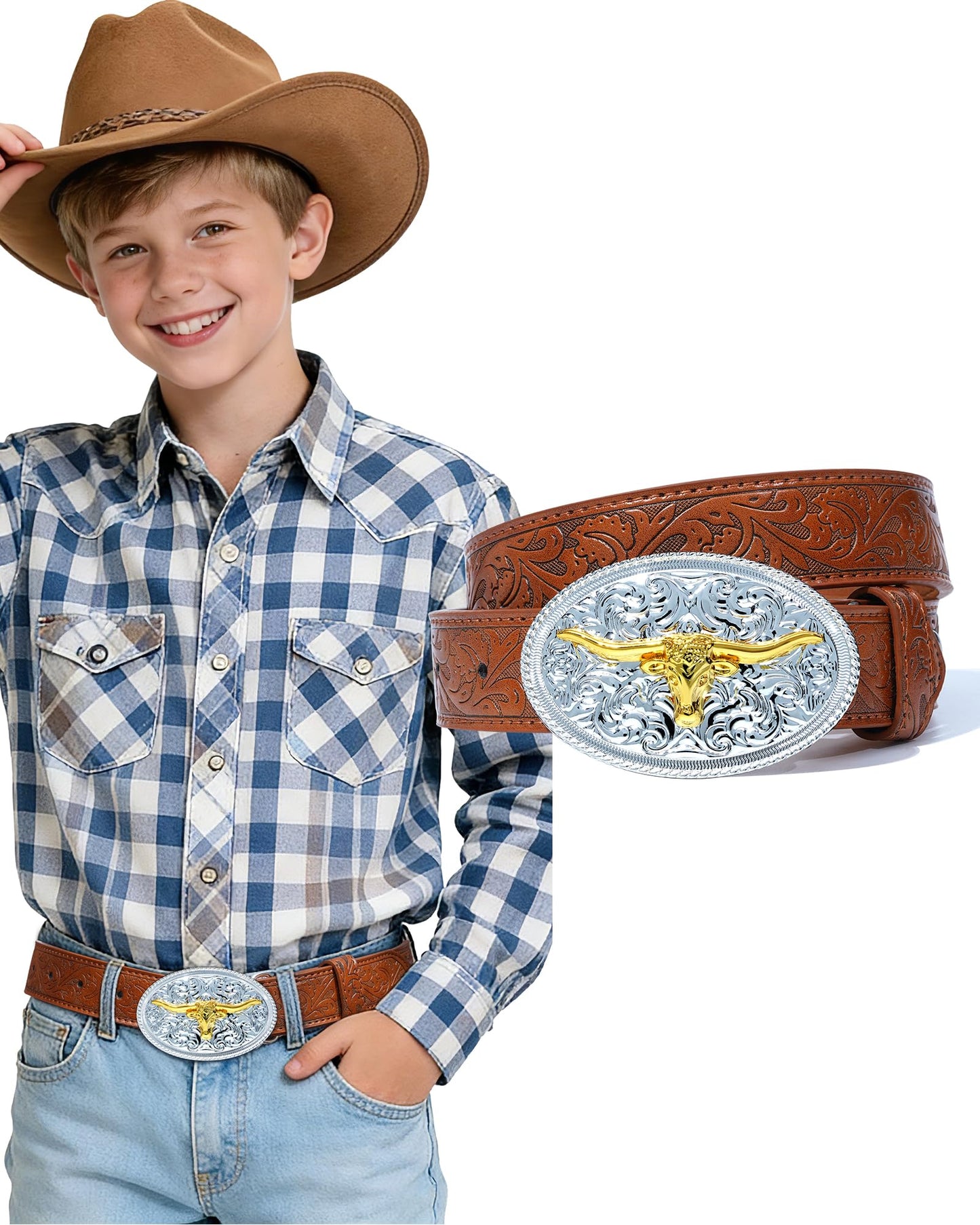 Kajeer Kids Western Belt for Boys Girls, Cowboy Genuine Leather Embossed Western Longhorn Bull Buckle Belts for Jeans (Cow Buckle- brown, for Wasit 21"-26")