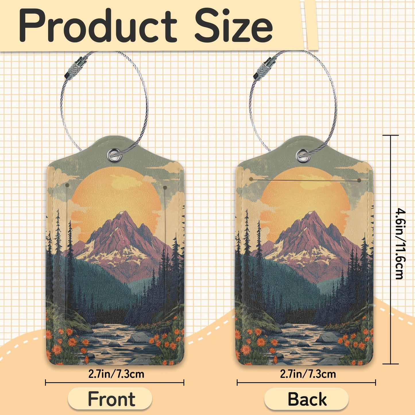 Vintage Mountain Luggage Tag for Suitcase,Forest Lake Design with Privacy Flap Name ID Label Metal Loop, 3 Pack
