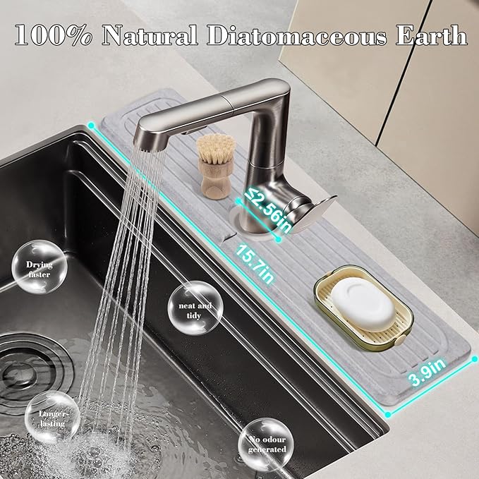 Stone Faucet Mat for Kitchen Sink, 15.7" Diatomite Drying Stone Kitchen Sink