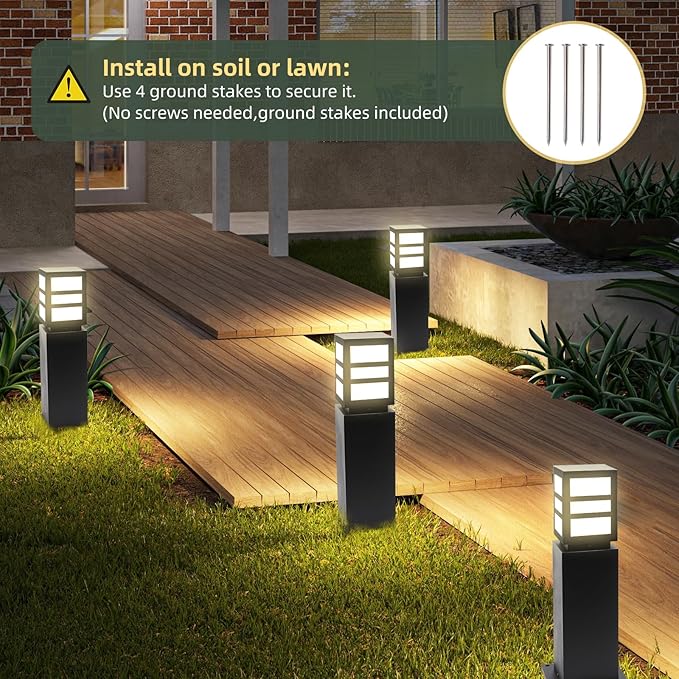 Landscape Path Lights 24" IP65 Waterproof Bollard Lights, Heavy Duty Steel Stable Widened Base E27 Lamp Holder, Modern Outdoor Path Lights Bollard for Lawn, Patio, Courtyard, Driveway, Oblong 1pack