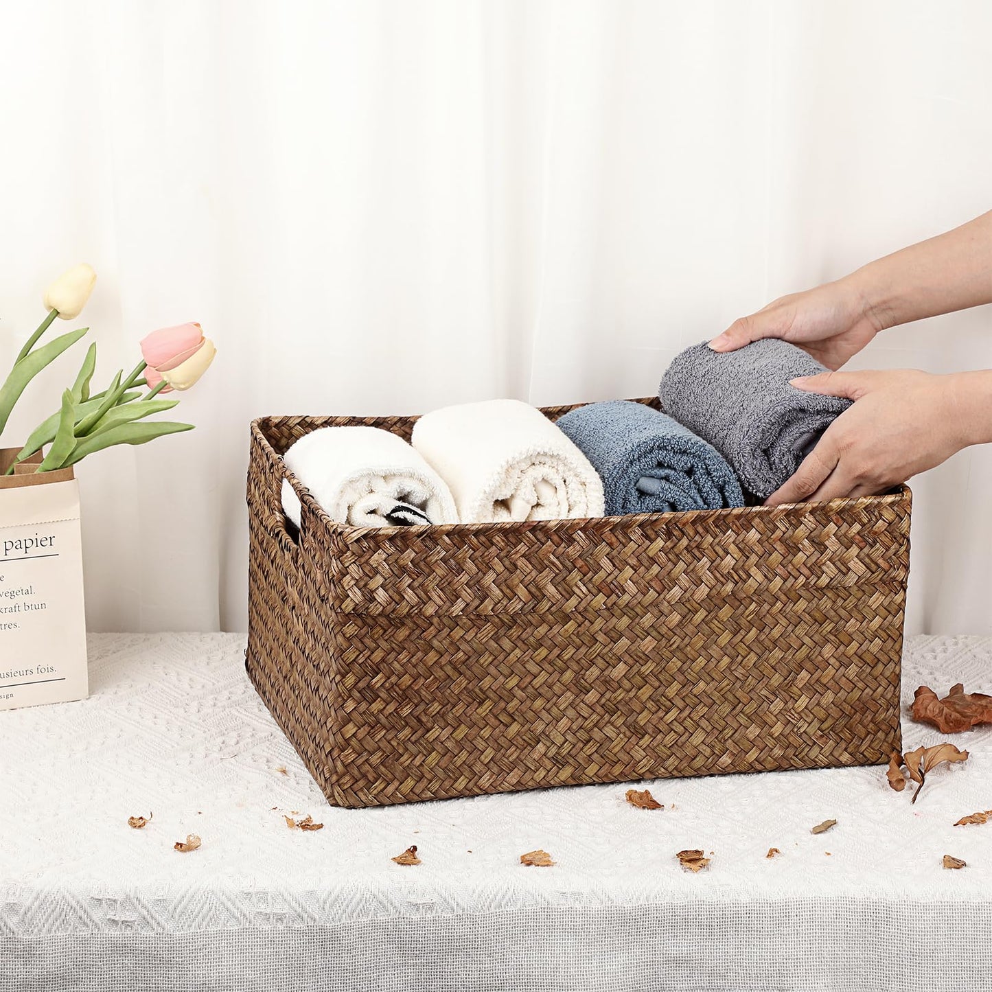 Hipiwe Seagrass Storage Baskets Bin for Shelf Handwoven Wicker Baskets Built-in Handles Rectangular Closet Bedroom Organizer Box Multipurpose Storage Basket Organizer,16.1"L x11.8"W x7.7"H