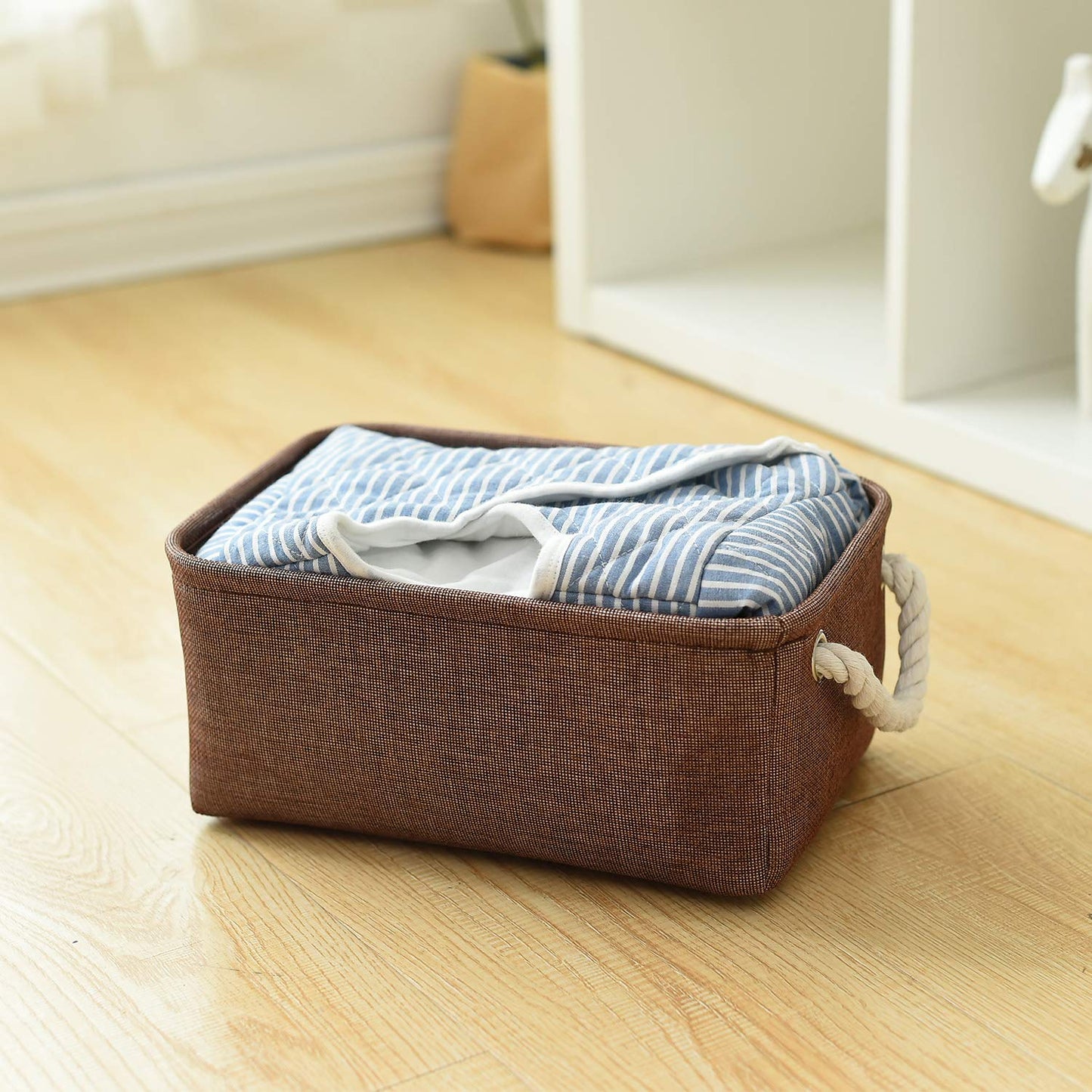 TheWarmHome Small Fabric Canvas Storage Bin with Cotton Rope Handles - Foldable Empty Basket for Gift (Brown-1 Pack,11.8L7.9W5.2H inch)