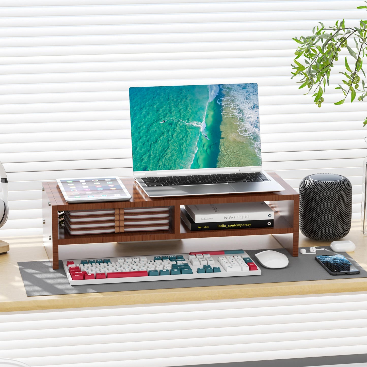 Qecamy Monitor Stand Riser with Storage, 2 Tier Desk Organizer & Desktop Wood Shelf, Ergonomic Computer Stand for Laptop, PC & Printer, 16" Small TV Riser with 50 lbs Weight Capacity, Walnut Brown