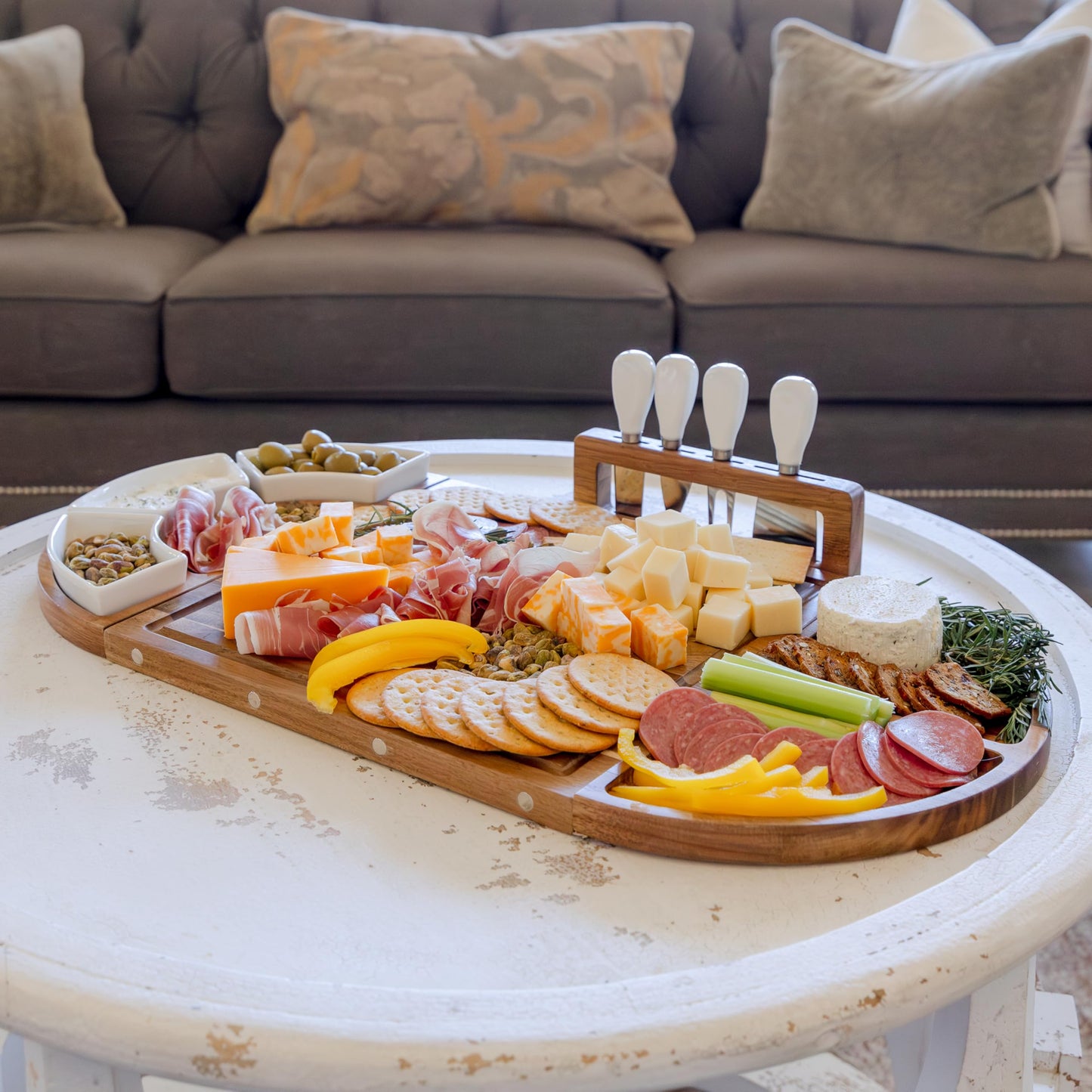 Large Wooden Charcuterie Board Set (Premium Finish) - 3-Piece Magnetic Long Serving Board Tray with Charcuterie Accessories - Acacia Wood Cheese Platter with Cheese Knife Set & Dishes - Brown