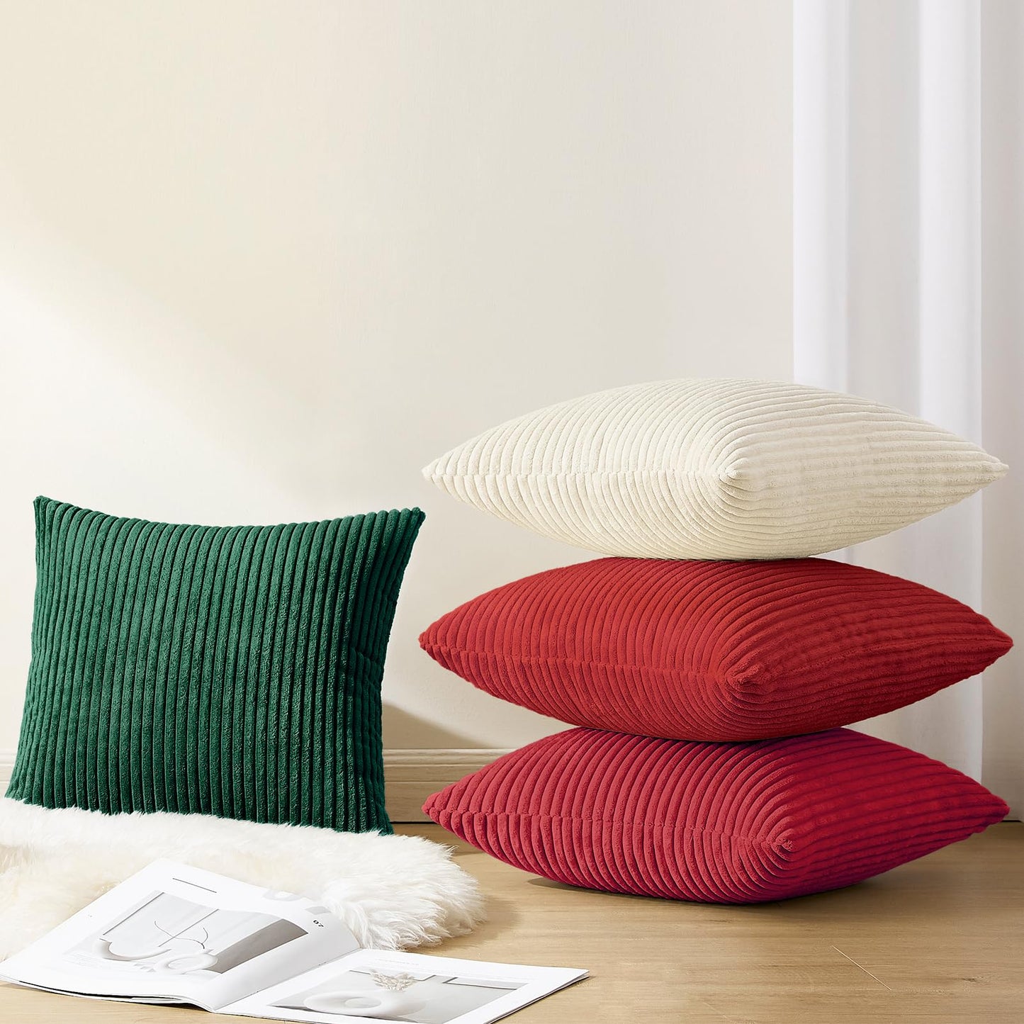 Softalker Christmas Decorative Pillow Covers 18x18, Set of 4 Soft Striped Corduroy Throw Pillow Cover for Holiday, Square Accent Pillow Cases Decor for Sofa Couch Cushion Living Room, Red Green