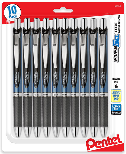 Pentel Energel 0.5 mm, Black Needle Tip Pens - Rtx Retractable Pack of 10 Pens