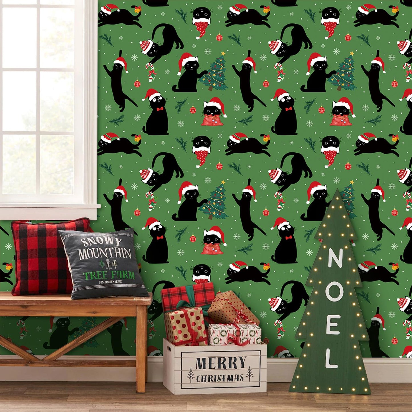 LHIUEM 17.3”X118”-Christmas Cat Wallpaper Peel and Stick Merry Christmas Tree Contact Paper for Cabinets Black Cats Santa Hats Wallpaper Candy Cane Gift Wrapping Paper for Cat Lovers Party
