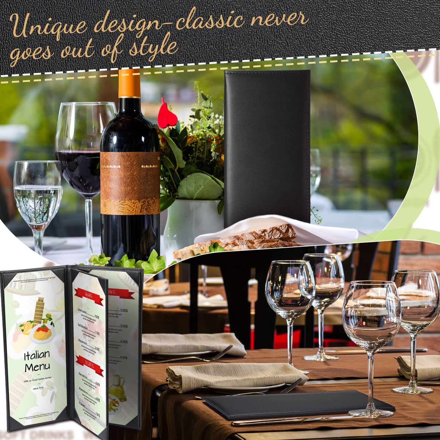Jexine 12 Pcs Black Menu Covers Waterproof Restaurant Cafe Bar PU Leather 4 View Fold Menu Book with Angled Corners for Wine Drinks Cafes List Covers Set, 4.25 x 11 Inches