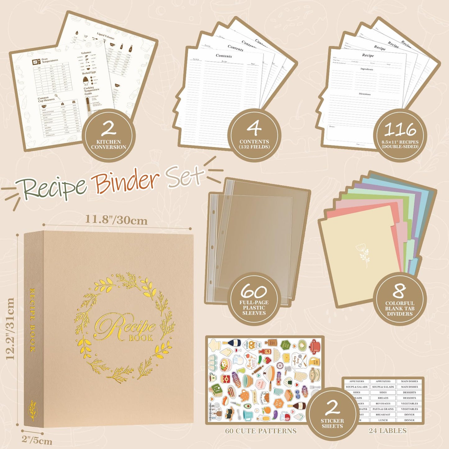 Lanpn Recipe Binder 8.5x11 3 Ring Kit, Waterproof Organizer Binder to Write in Your Own Recipes, Blank Recipe Book with 60 Plastic Sleeves,116 Recipes, Dividers, Labels & Stickers, Oat