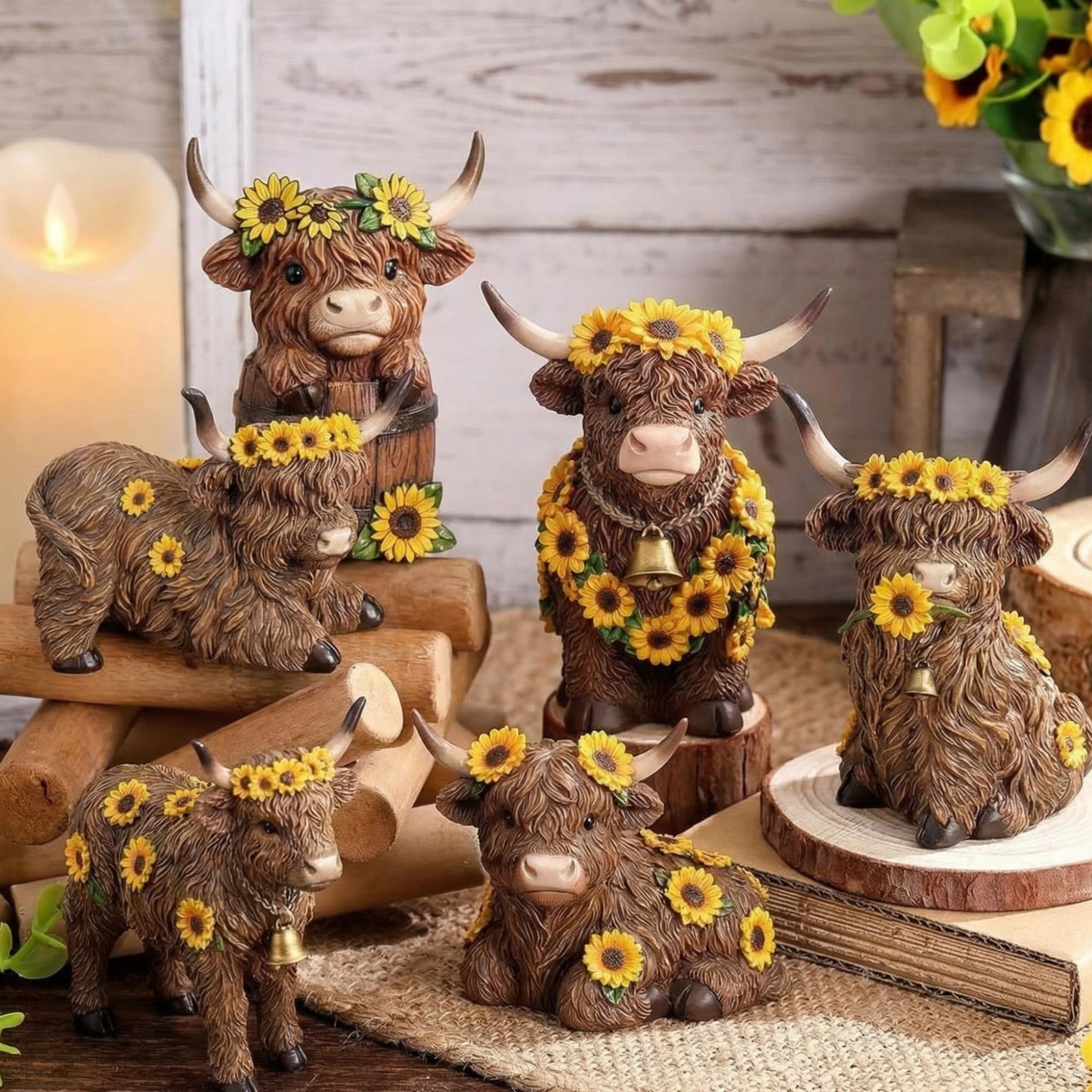 Tradder 6 Pcs Sunflower Highland Cow Table Decorations Spring Highland Cow Wooden Block Signs Farmhouse Table Centerpiece Rustic Tiered Tray Decor for Baby Shower Home Kitchen Office Desk