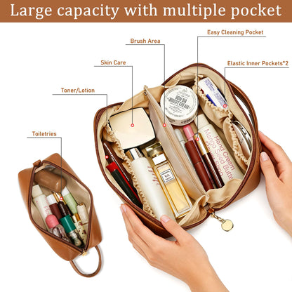 KKXIU Initial Makeup Bag for Women - Personalized Makeup Bag Gifts for Women, Travel Toiletry Bag with PU Leather, Open Flat Design with Top Handle, Cosmetic Bag Set with Multi-Pocket (Brown,A)
