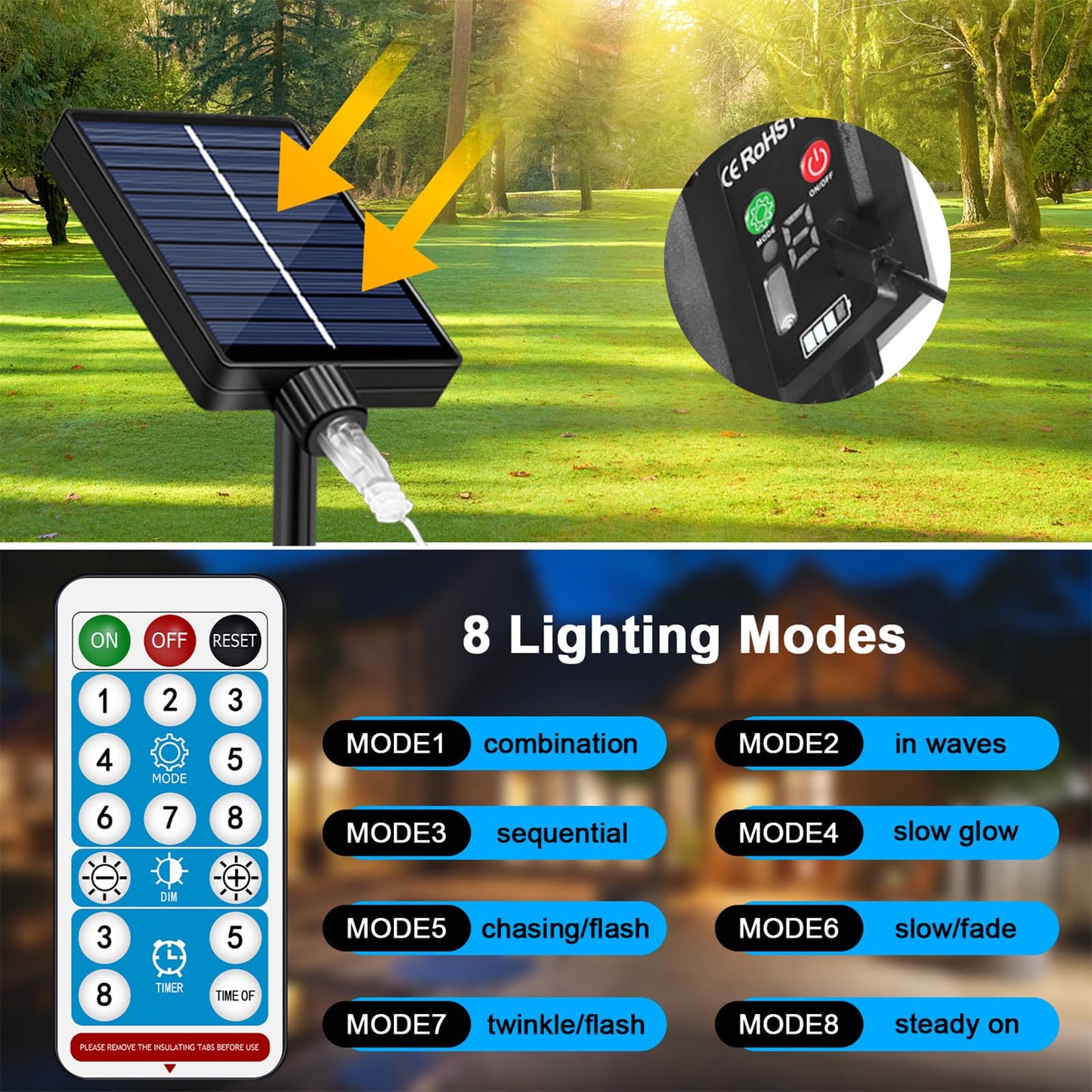 Christmas Solar Decorations Star Lights Outdoor, 11.48ft 350LED Waterfall Tree Lights with 8 Modes Timer Remote String Lights USB Powered for Garden Yard Patio Home Holiday Party Decor, Pure White