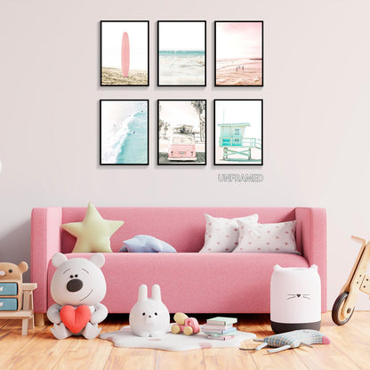 mifyuibytr Set of 6 Beach Canvas Wall Art, 8x10in Tropical Summer Ocean Coastal Posters, Preppy Gallery Beach Prints, Girly Nautical Surfboard Bus Room Decor, California Beachy Pictures Unframed