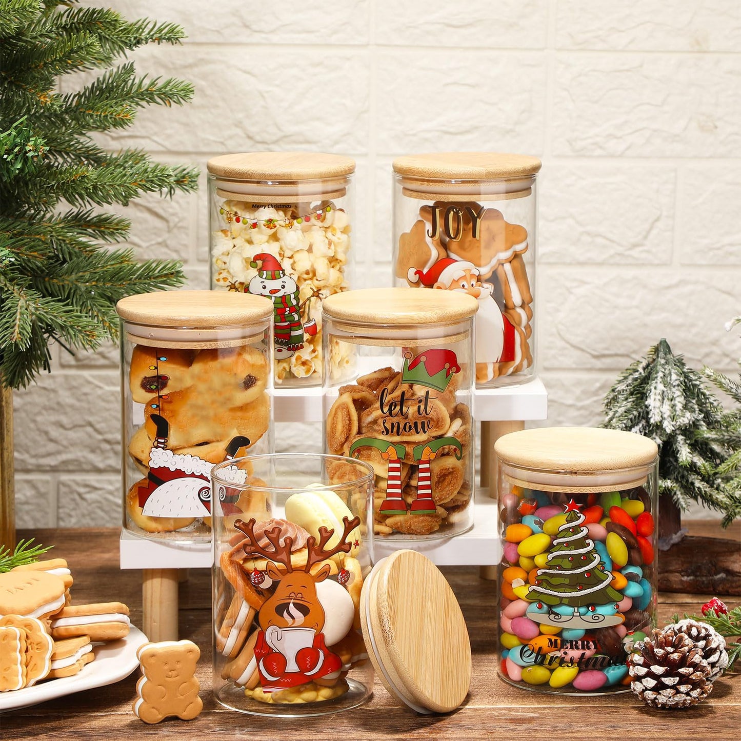 Suclain 6 Pcs Christmas Glass Storage Jars with Lid 19 oz Retro Christmas Glass Cookie Jars Santa Snowman Reindeer Tree Decorative Canisters Gift for Kitchen Indoor Containers Countertop Decoration