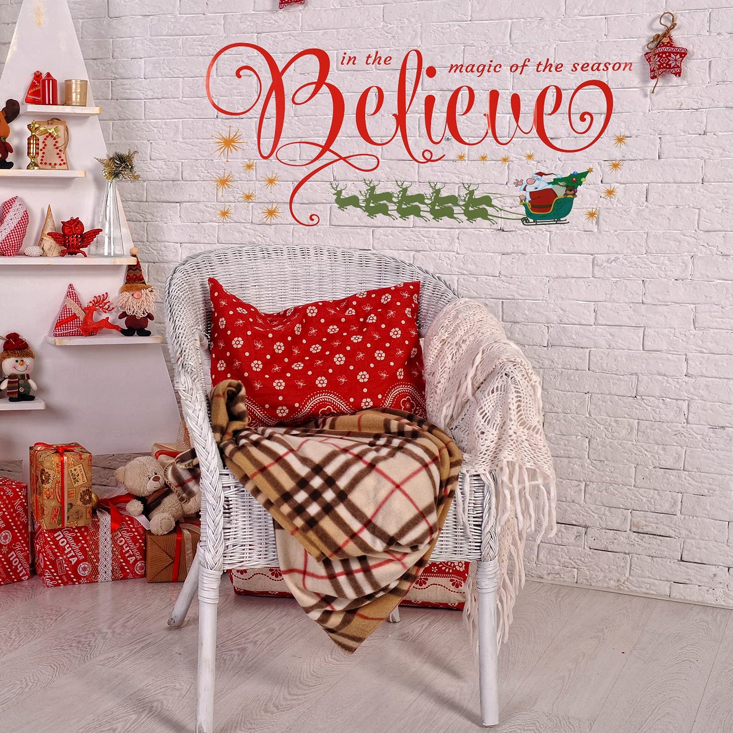 Large Christmas Wall Decals Stickers - Believe Quotes Decals, Tree Door Stickers Merry Christmas Wall Decorations Xmas Bathroom Fireplace Decor for Party Window Supplies - Removable
