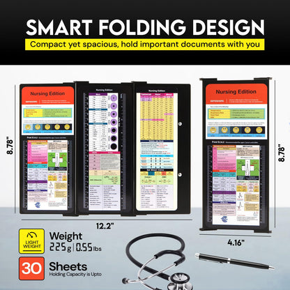 Nursing Clipboard Foldable with Medical Edition Cheat Sheets, 3 Layers Aluminum Foldable Clipboard for Nursing, Notepad for Students, Nursing School Essentials (Black)