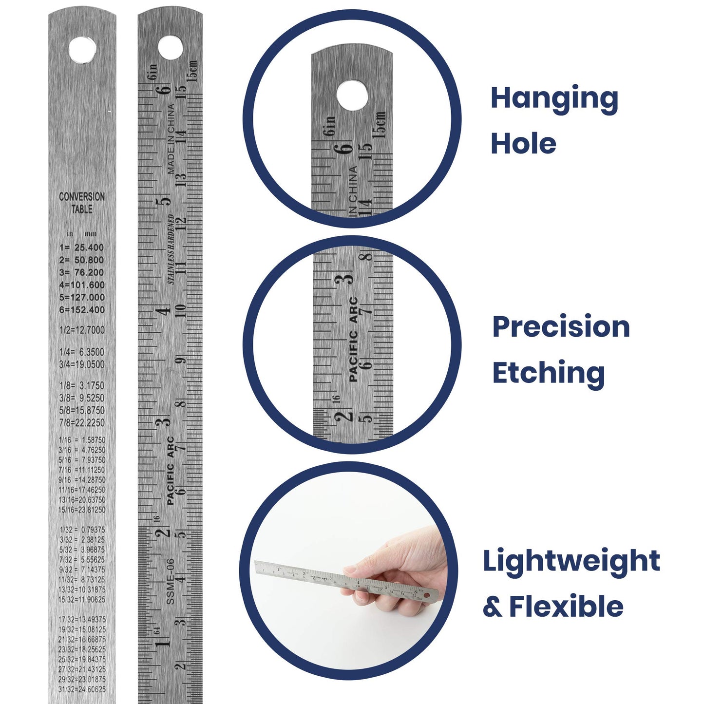 Pacific Arc 6 Inch Stainless Steel Ruler with Inch/Metric Conversion Table, 2 Pack