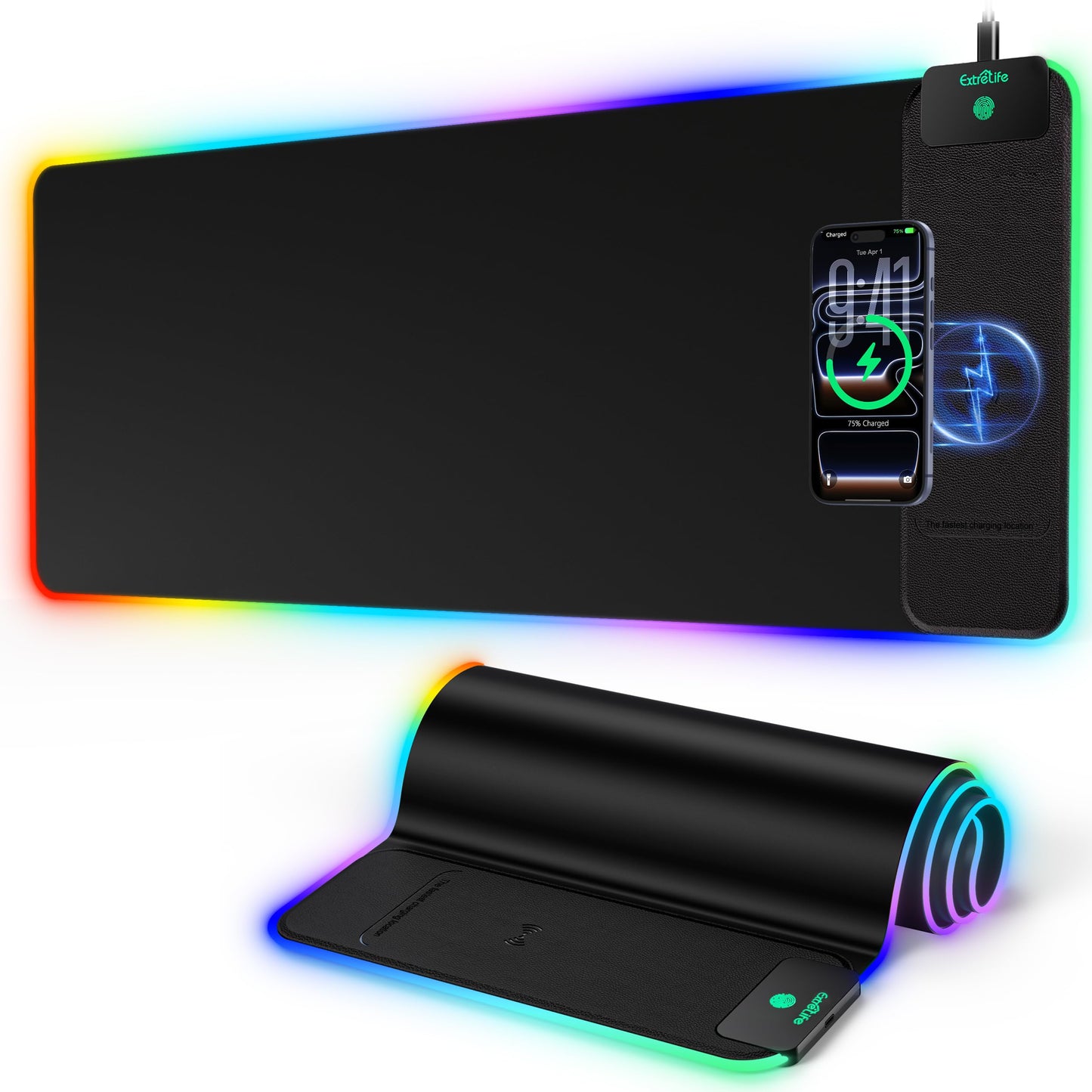 Mouse Pad with 15W Wireless Charging, RGB Gaming Mousepad, 31.5"x11.8" Large XXL Desk Mat, 16 Lighting Modes Keyboard Pad with Non-Slip Rubber Base, Waterproof Computer Mat for Gaming, Black-Right