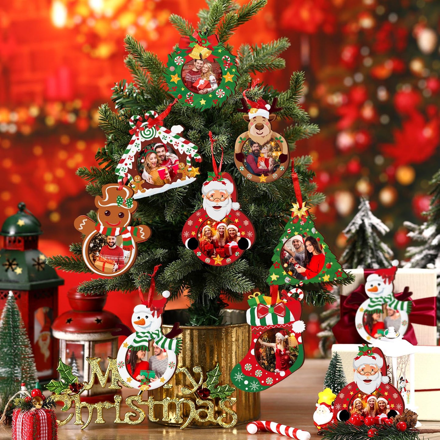 Yalikop 16 Pcs Christmas Photo Frame Ornaments Wooden Nutcrackers Santa Snowman Snowflake Picture Frame Tree Decoration DIY Photo Keepsakes for Xmas Party Decorations Winter (Classic)