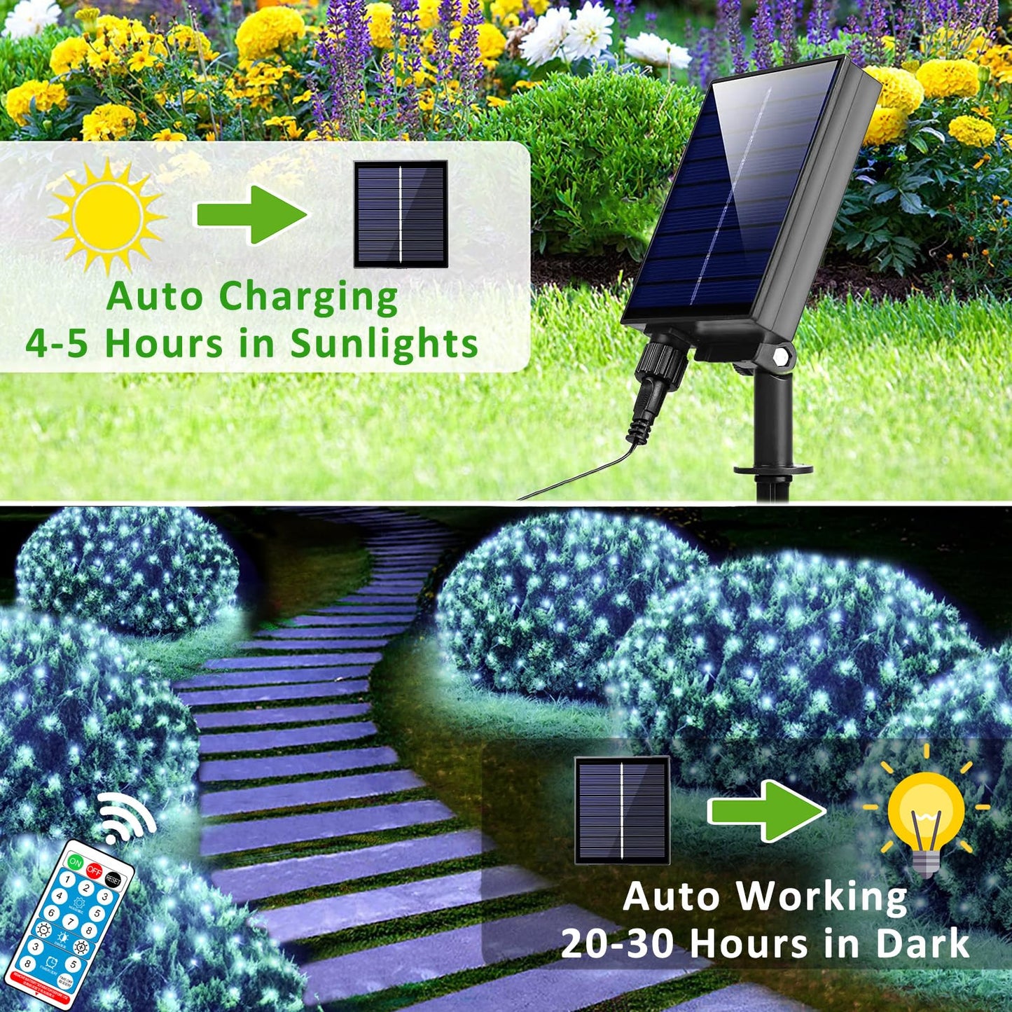 21ft x 5ft Solar Net Lights Outdoor, Solar & USB 2 Power Way 360 LED Waterproof Mesh Lights for Bushes, Remote Control 8 Modes String Light Trees Patio Garden Christmas Indoor Decor (Cool White)