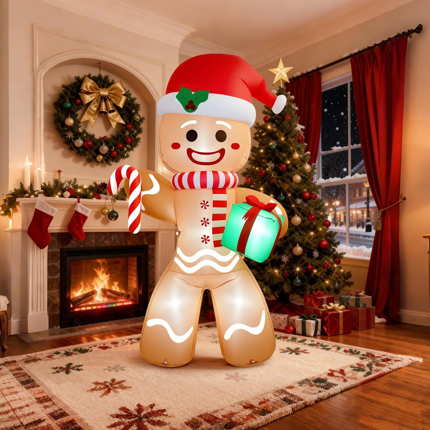 Partyotu Christmas Inflatable Gingerbread Man, Blow Up Holiday Party Decor with Build-in LED Lights, Waterproof Inflatable Christmas Decorations for Outdoor Roof Yard Lawn Garden Indoor (Brown, 8FT)
