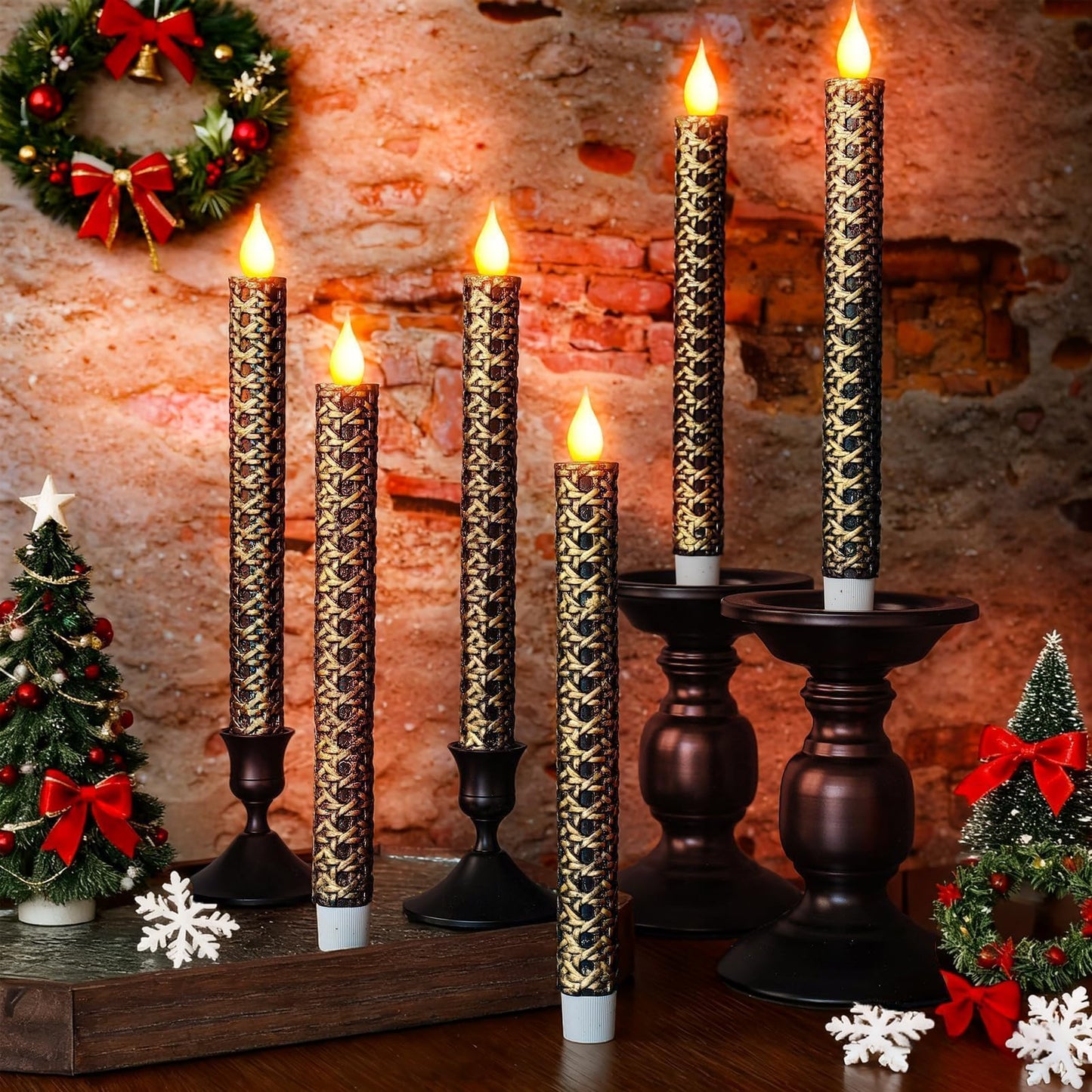 LCZLUMIPRO 6 Pcs Black and Gold Flameless Taper Candles - 9.65 Inch Battery Operated LED Candlesticks with Flickering Flame for Elegant Table, Wedding & Home Decor