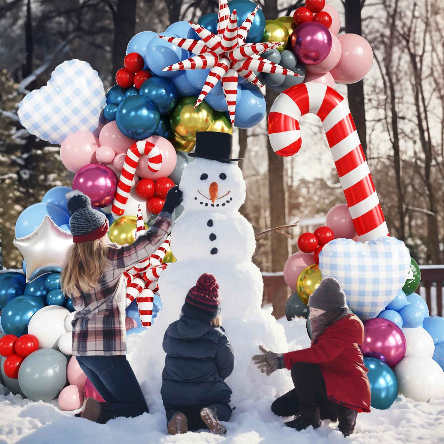 Christmas Balloon Arch, 133Pcs Red Pastel Baby Pink Blue Xmas Winter Wonderland Balloons with Metallic Gold Blue Pink Candy Cane Exploding Star Foil Balloon for Merry Christmas Party Decoration