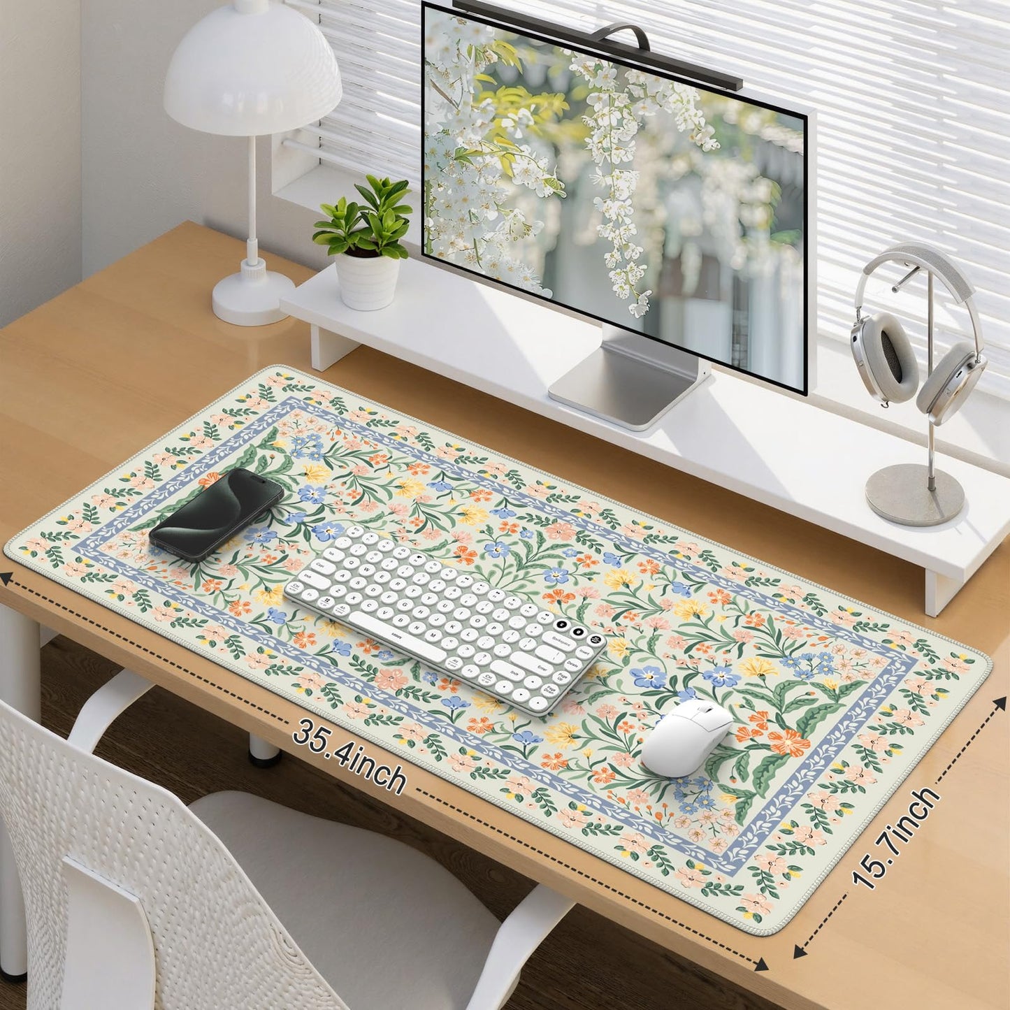 iCasso Desk Matt for Desktop, Desk Pad Mat, Green Floral Computer Mat for Keyboard and Mouse, XXL Large Mouse Pad, Anti-Slip Big Mousepad with Stitched Edges (Green)