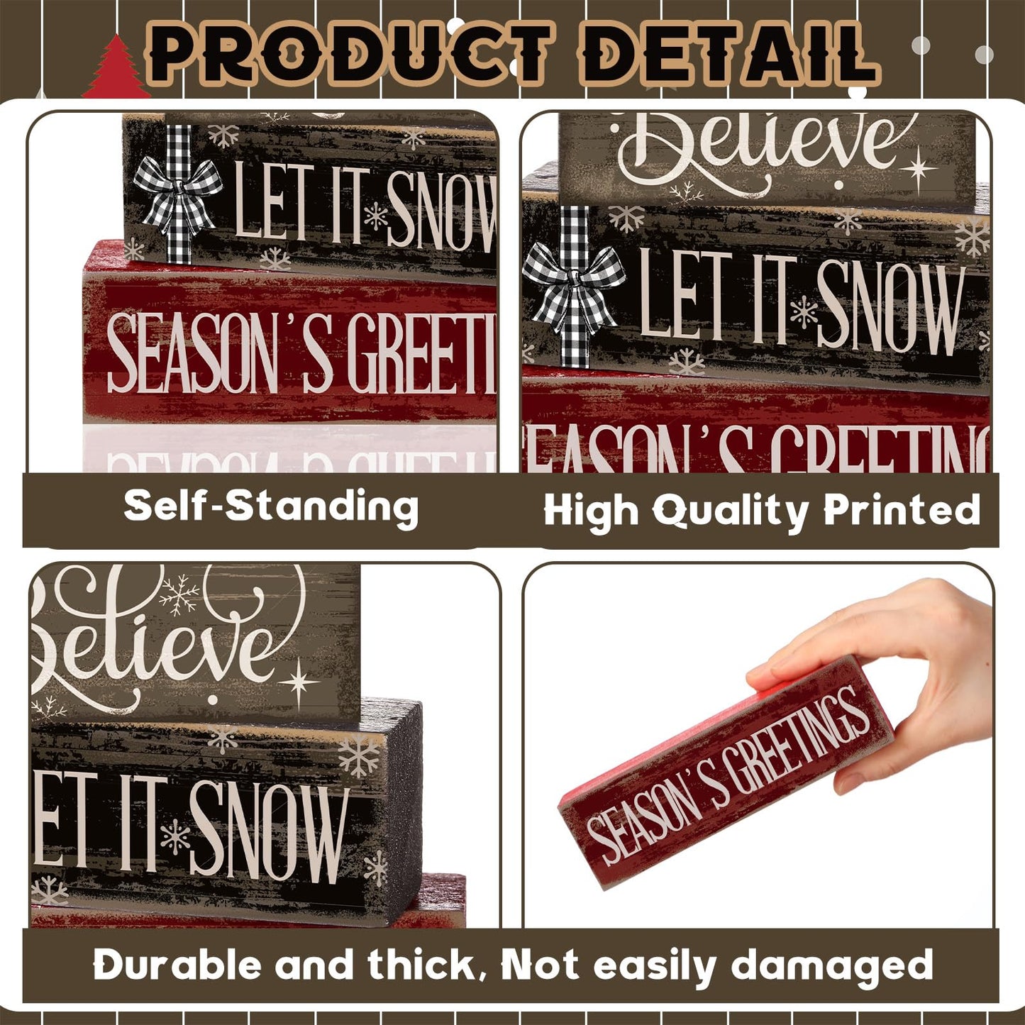 Moucuny 4 Pcs Christmas Table Decor Christmas Tree Centerpiece Rustic Decorative Tree Block Signs Gift Winter Tiered Tray Decor Farmhouse Winter Tabletop Decoration for Home Xmas Party Kitchen Shelf