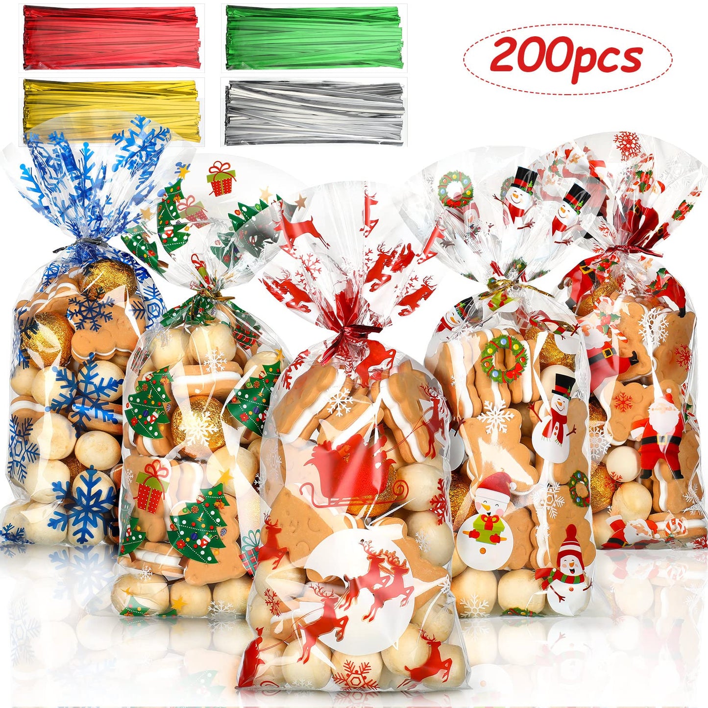 Outus 200 Pieces Christmas Cellophane Treat Bags, Plastic Christmas Cello Bags with Twist Ties for Candy, Cookie, Goodies, Gift Wrap, Xmas Party Favor Supplies