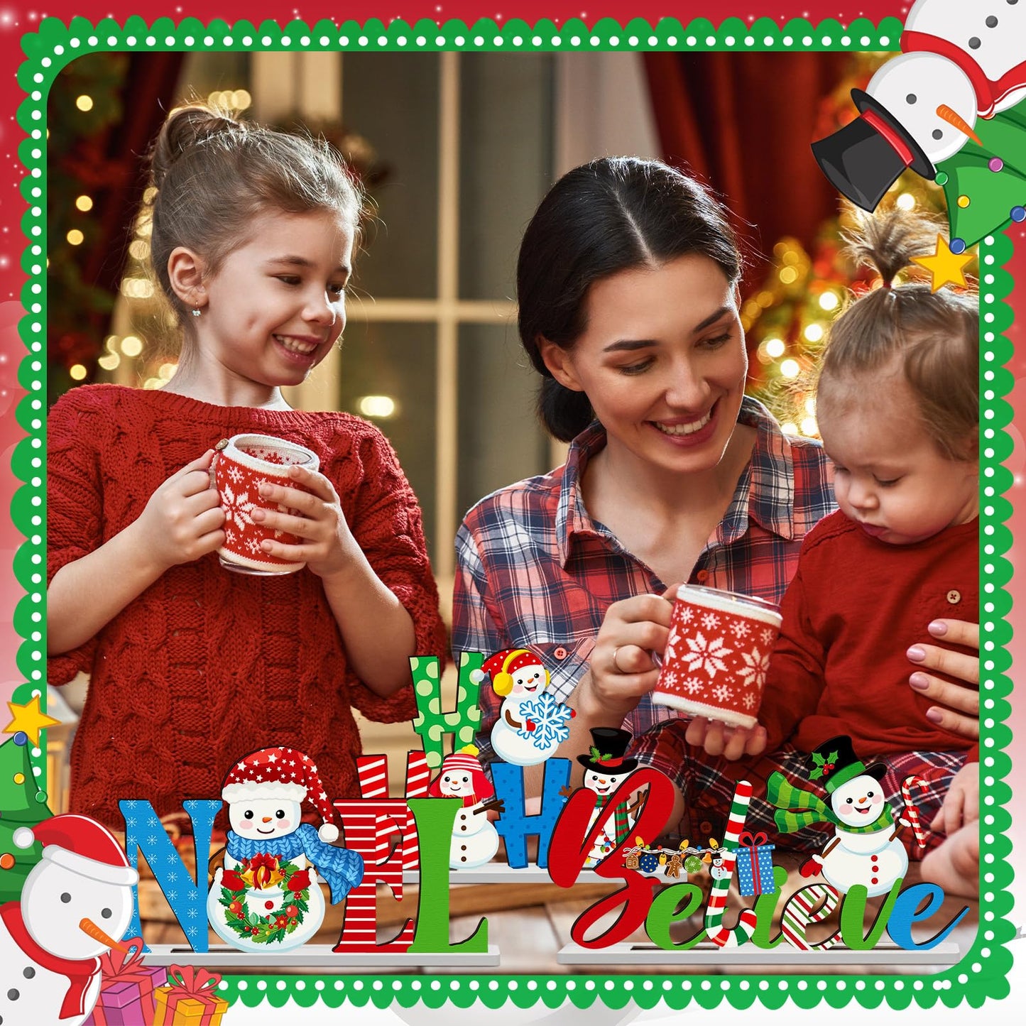 CroBlissful 6 Pcs Christmas Table Decoration Merry Christmas Table Sign Happy Holiday Snowman Wooden Tabletop Centerpieces for Xmas Winter Party Supplies Home Decor