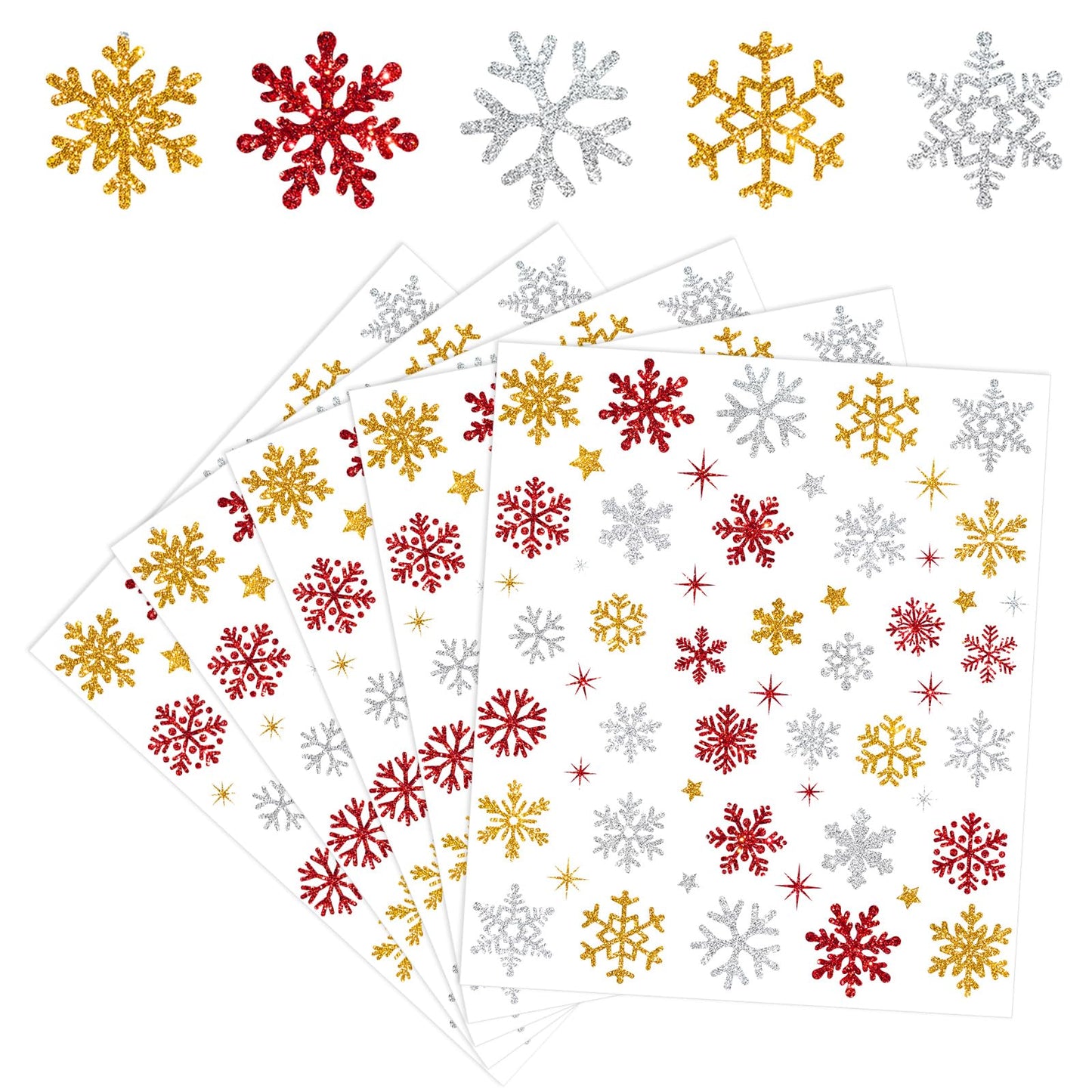 Whaline 330 Pcs Winter Glitter Stickers Gold Silver Red Snowflake Decals Self Adhesive Stickers for Christmas Home Party DIY Crafts Supplies, 10 Sheets