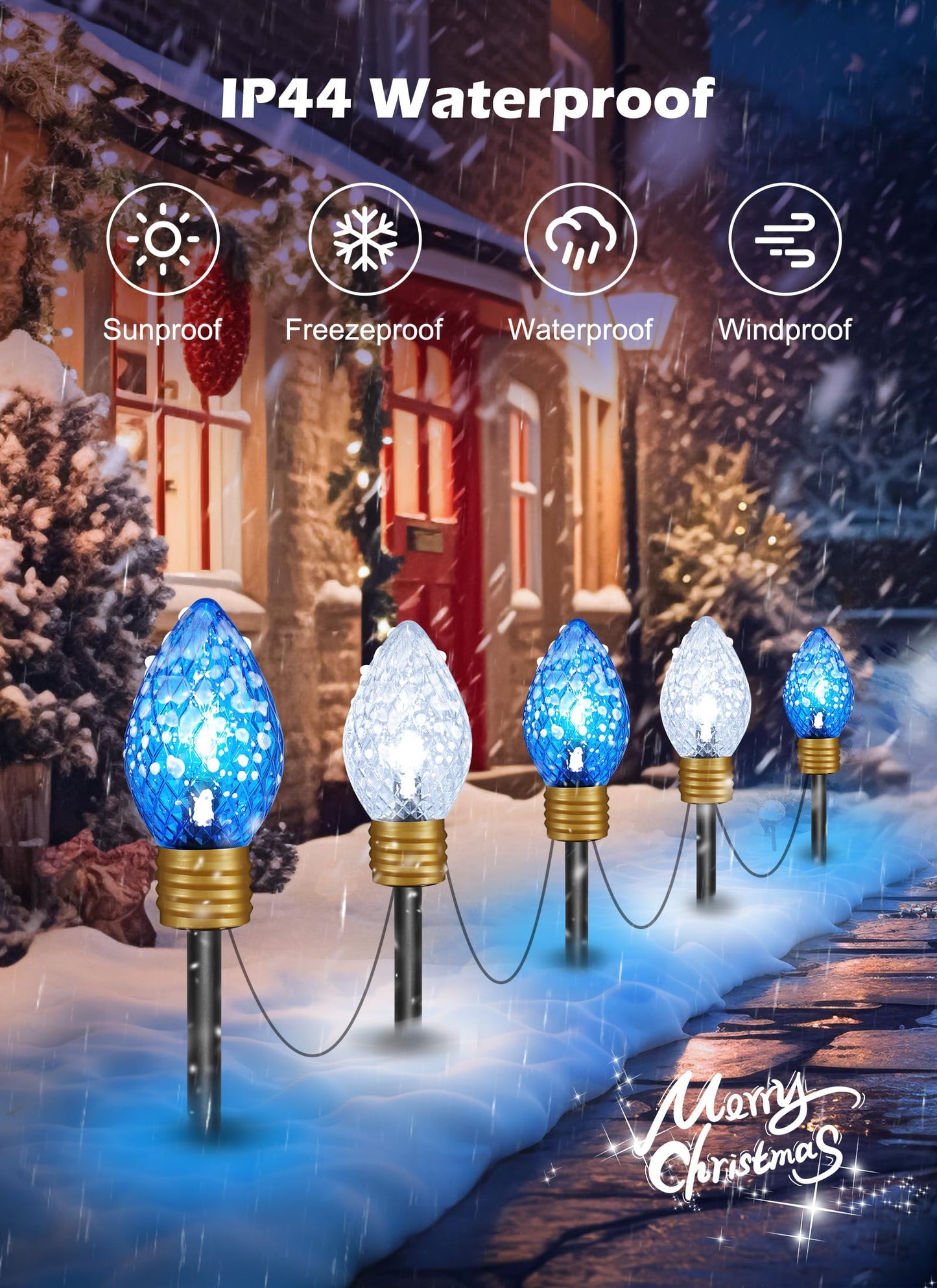 Brightown 2 Pack Jumbo Christmas Pathway Lights Outdoor - 10.5 Feet 5 LED C9 Walkway Light, Covered Jumbo Strawberry Bulb Decorations for Lawn Outside, Blue ＆ White