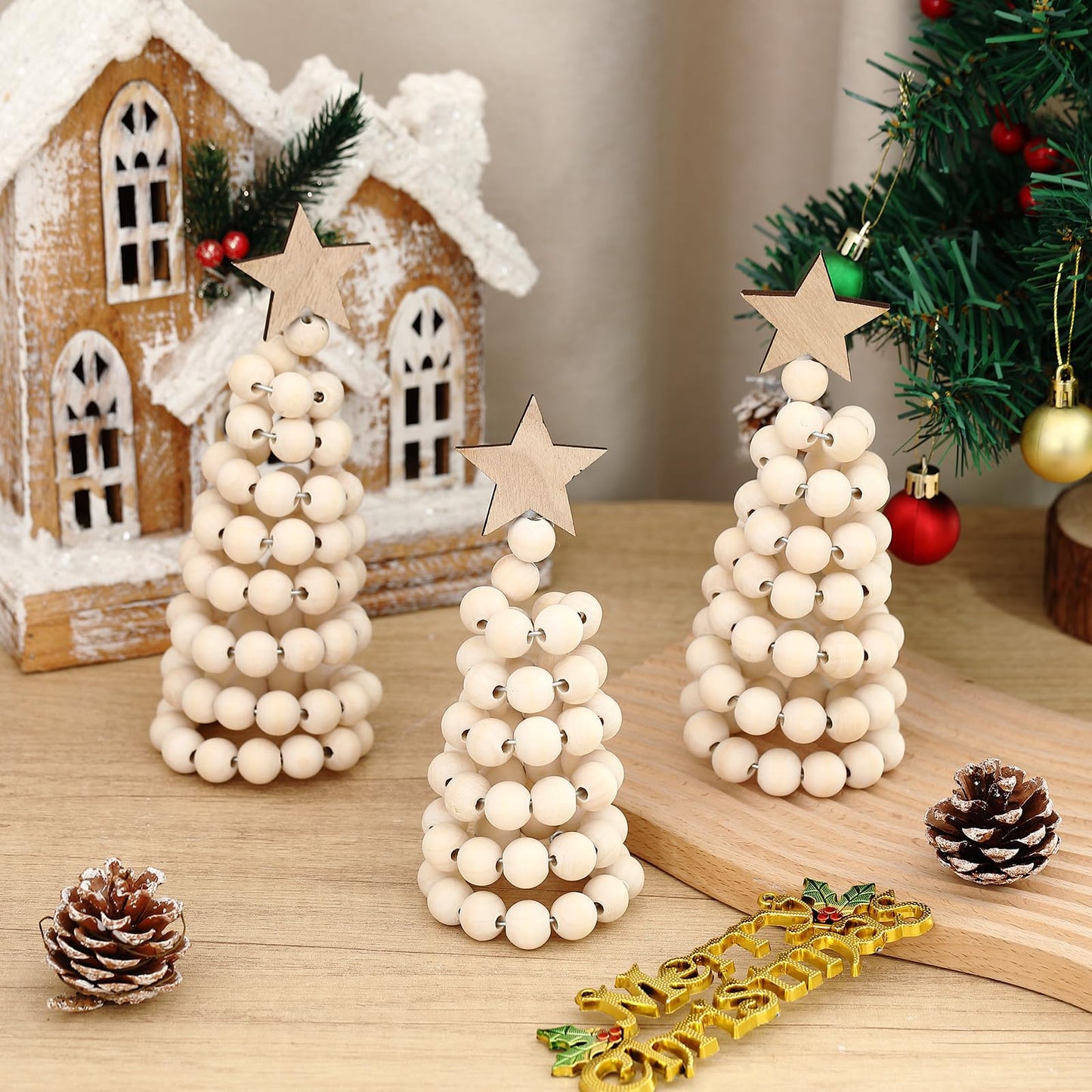 Thyle 3 Pcs Christmas Tree Decor 3 Sizes 6/8/10 Inch Small Boho Artificial Christmas Tree Tabletop Decor for Home Shelf Mantel Fireplace Table Party Supplies(Bead Style,Wood)