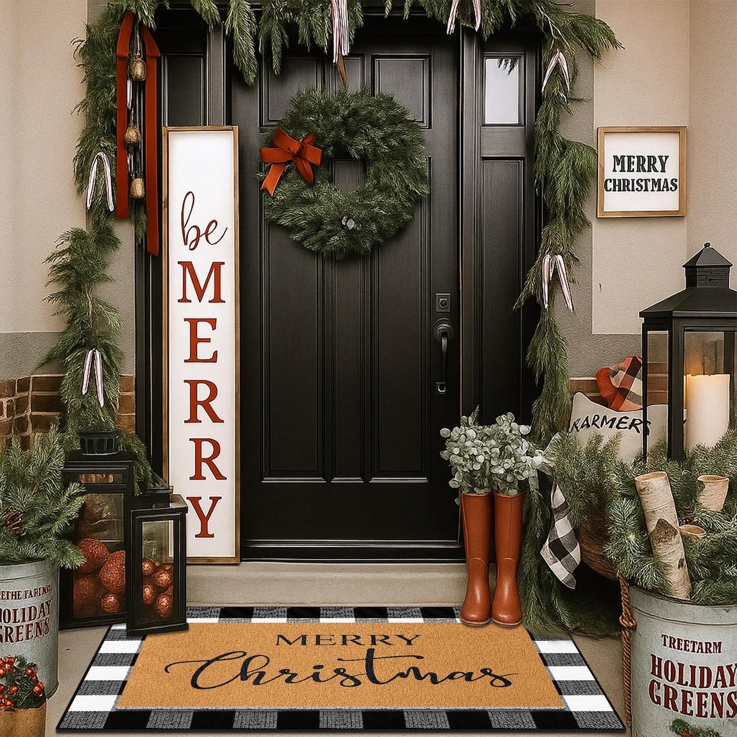 Duraaamo 2 Pcs Christmas Doormat Merry Christ Non Slip Outdoor Rug Xmas Welcome Layered Buffalo Floor Mats for Front Porch Entryway(Black White,Plaid)