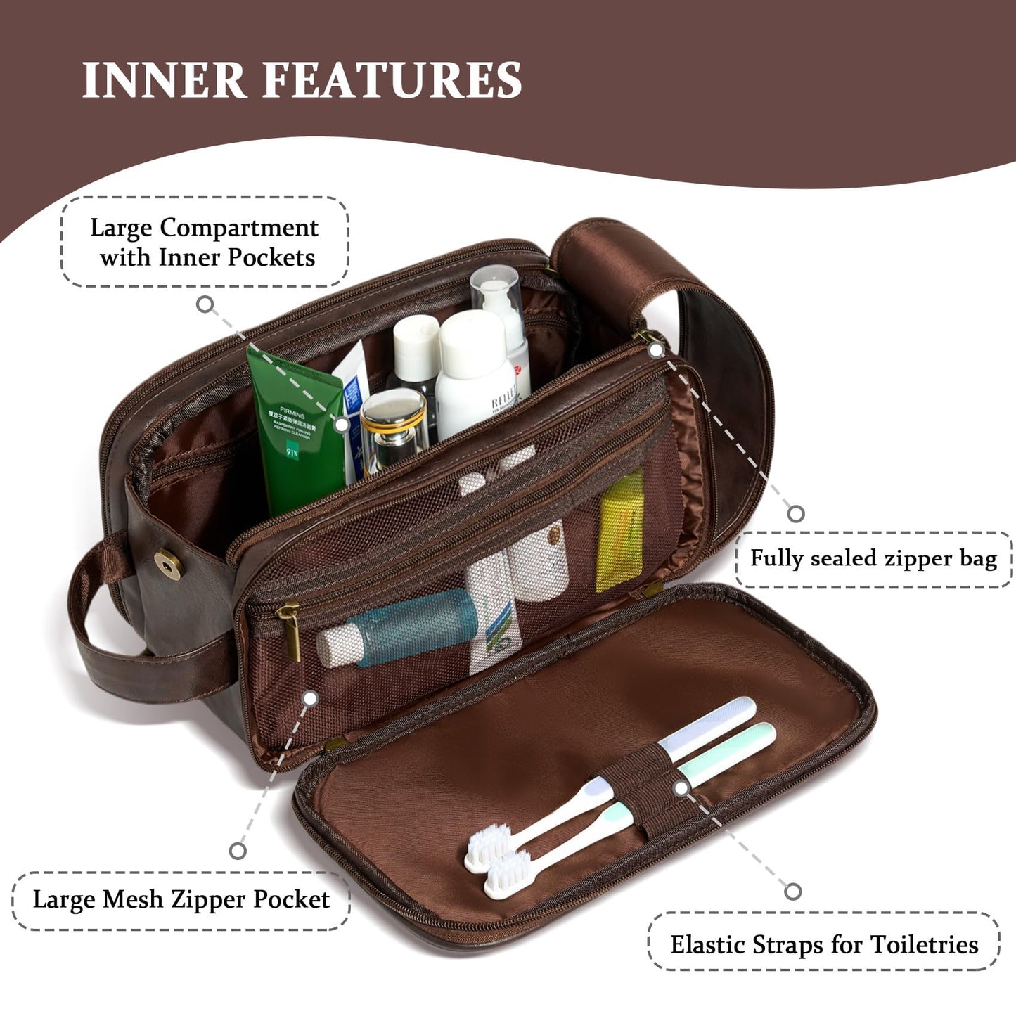 Janhavi Leather Toiletry Bag for Men, Personalized Laser Engraved Initials & Mountain, Toiletry Bag For Shower Caddy, Cruise Ship Essentials, Groomsmen Gifts, Men's Accessories (Dark Brown E)