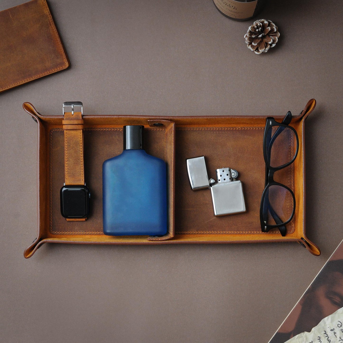 MayaCraft Handmade Leather Catch All Tray and Organizer for Keys, Phones, Jewels, Coins, Rectangular, Light Camel